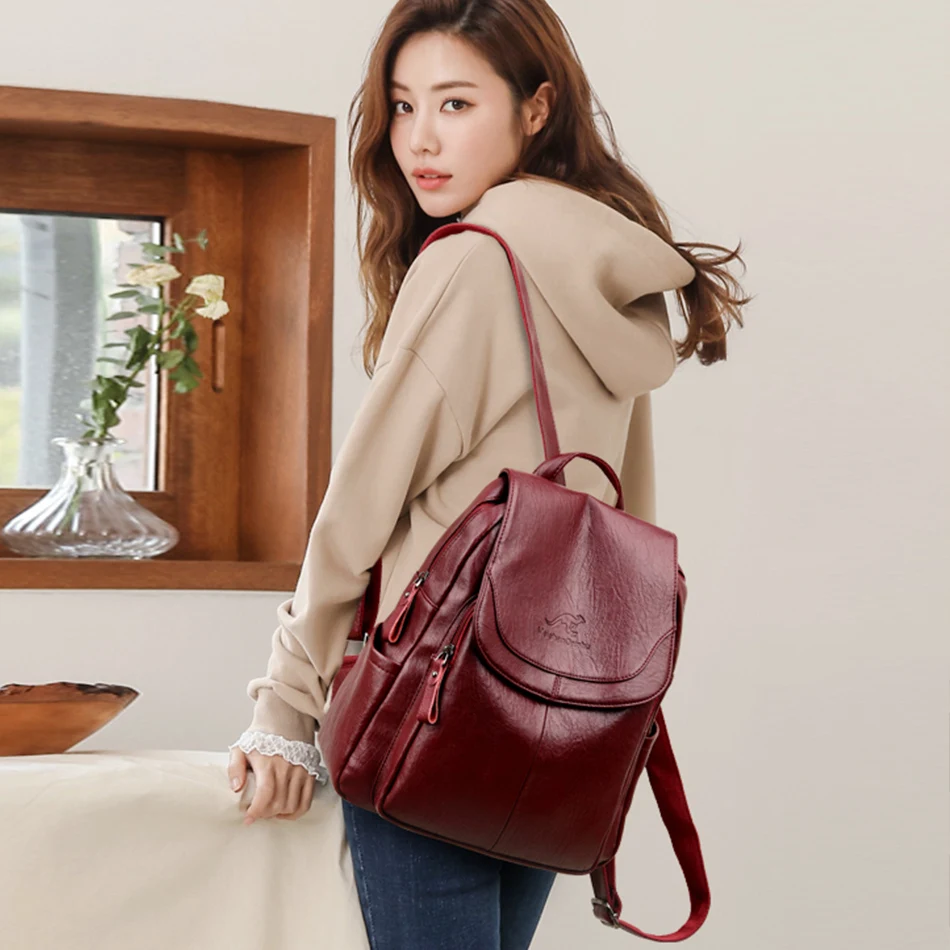 High Quality Soft Leather Backpacks Purses for Women Casual Daypack Vintage Bagpack School Bags for Teen Girls Mochilas Rucksack