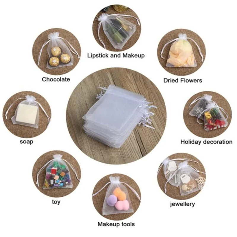 50pcs Pink Organza Drawstring Jewelry Small Bag for Earring Favor Wrapping Packing Pouch Packaging Wedding Businesses Organizer