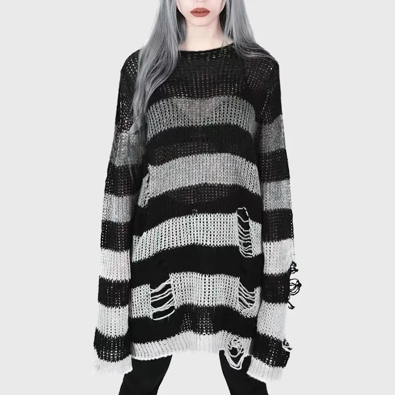 Karrram Punk Gothic Sweater Emo Tops E-girls Mall Goth Pullovers Y2k Harajuku Grunge Clothes Alt Dark Aesthetic Striped Jumpers