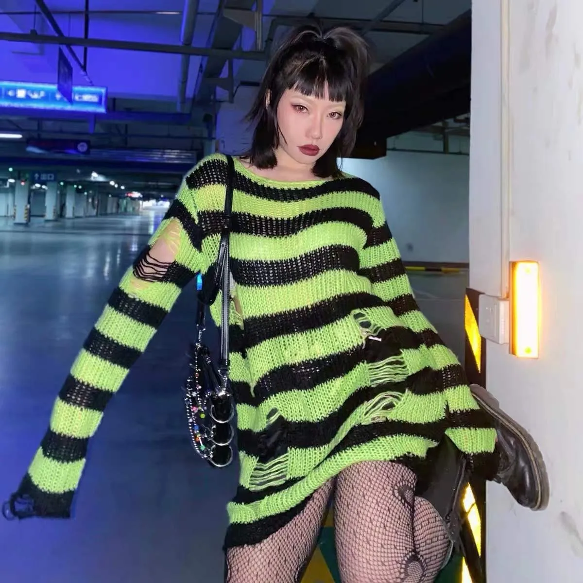 Karrram Punk Gothic Sweater Emo Tops E-girls Mall Goth Pullovers Y2k Harajuku Grunge Clothes Alt Dark Aesthetic Striped Jumpers