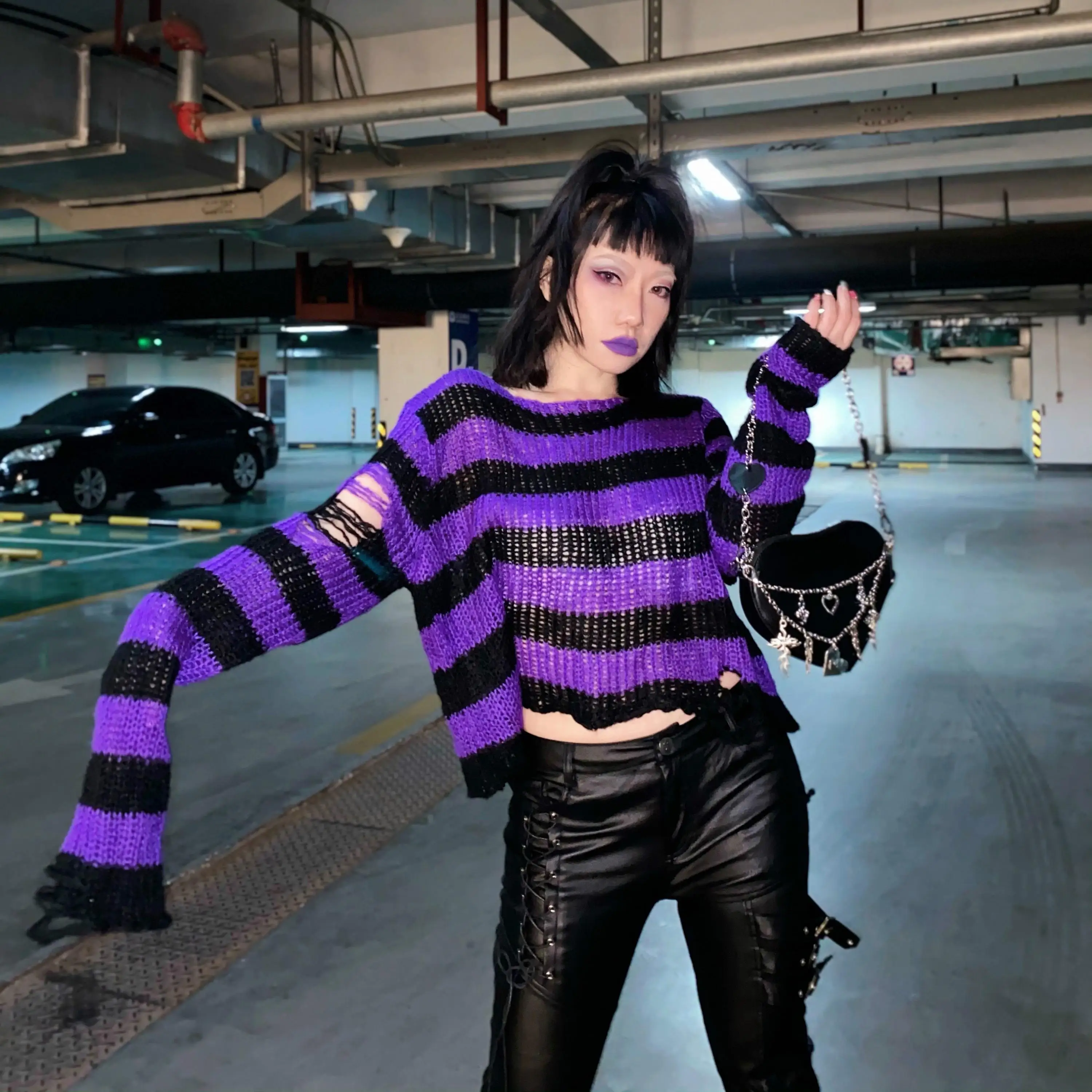 Karrram Punk Gothic Sweater Emo Tops E-girls Mall Goth Pullovers Y2k Harajuku Grunge Clothes Alt Dark Aesthetic Striped Jumpers