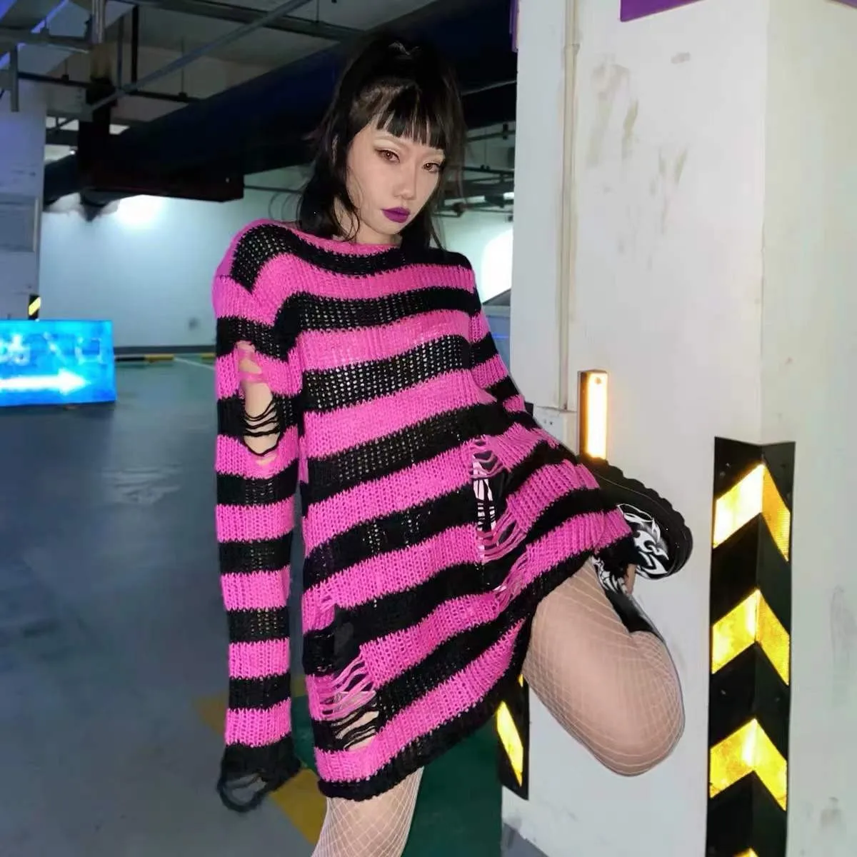 Karrram Punk Gothic Sweater Emo Tops E-girls Mall Goth Pullovers Y2k Harajuku Grunge Clothes Alt Dark Aesthetic Striped Jumpers