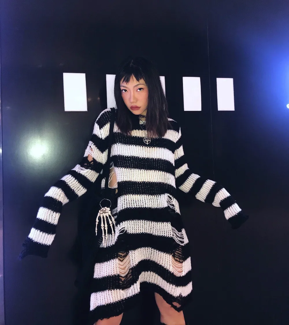 Karrram Punk Gothic Sweater Emo Tops E-girls Mall Goth Pullovers Y2k Harajuku Grunge Clothes Alt Dark Aesthetic Striped Jumpers