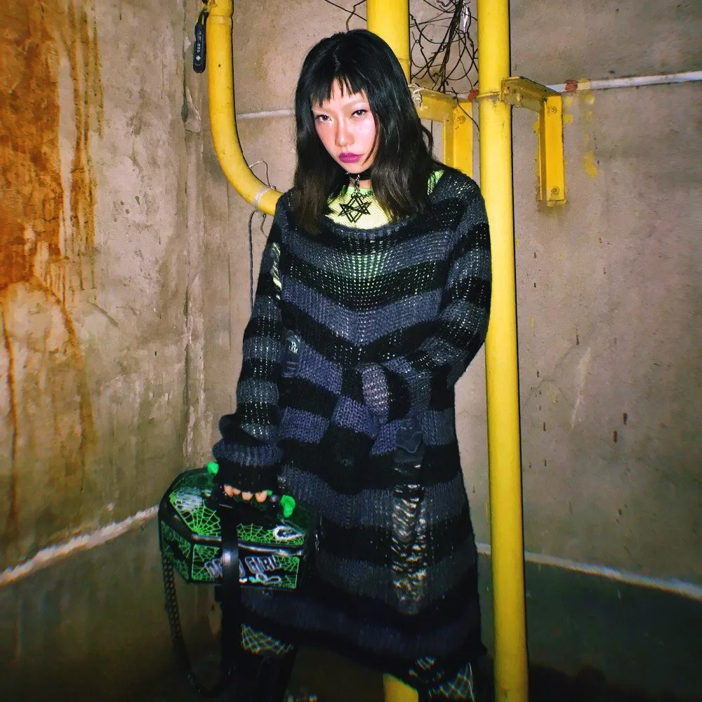Karrram Punk Gothic Sweater Emo Tops E-girls Mall Goth Pullovers Y2k Harajuku Grunge Clothes Alt Dark Aesthetic Striped Jumpers