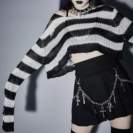 Karrram Punk Gothic Sweater Emo Tops E-girls Mall Goth Pullovers Y2k Harajuku Grunge Clothes Alt Dark Aesthetic Striped Jumpers