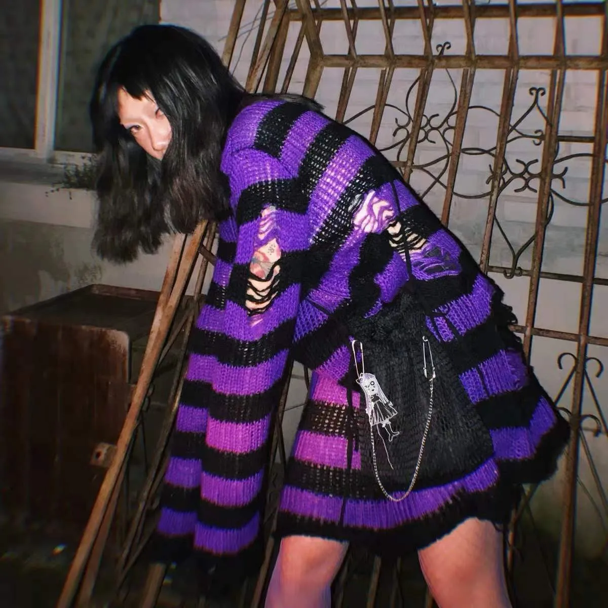 Karrram Punk Gothic Sweater Emo Tops E-girls Mall Goth Pullovers Y2k Harajuku Grunge Clothes Alt Dark Aesthetic Striped Jumpers
