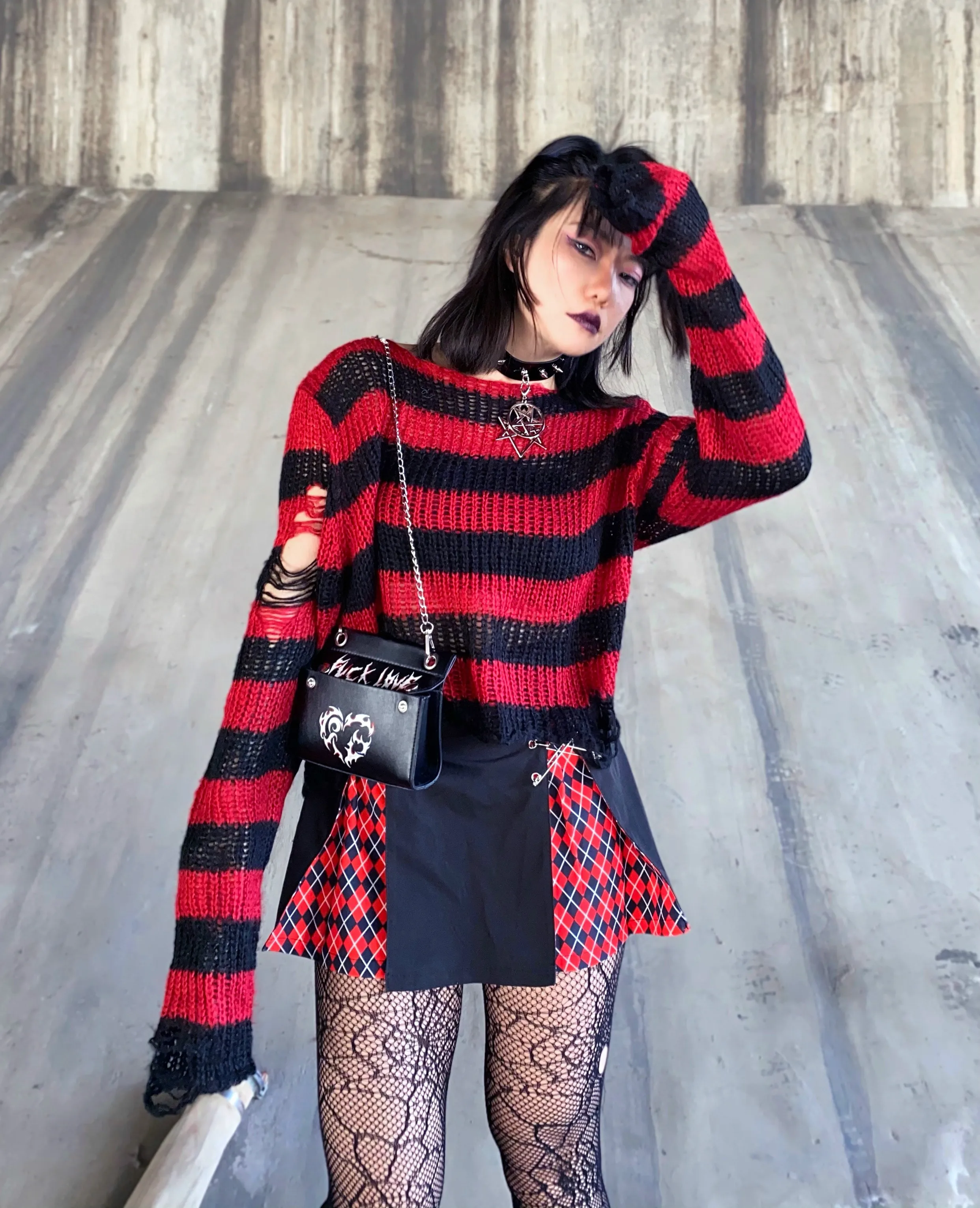 Karrram Punk Gothic Sweater Emo Tops E-girls Mall Goth Pullovers Y2k Harajuku Grunge Clothes Alt Dark Aesthetic Striped Jumpers