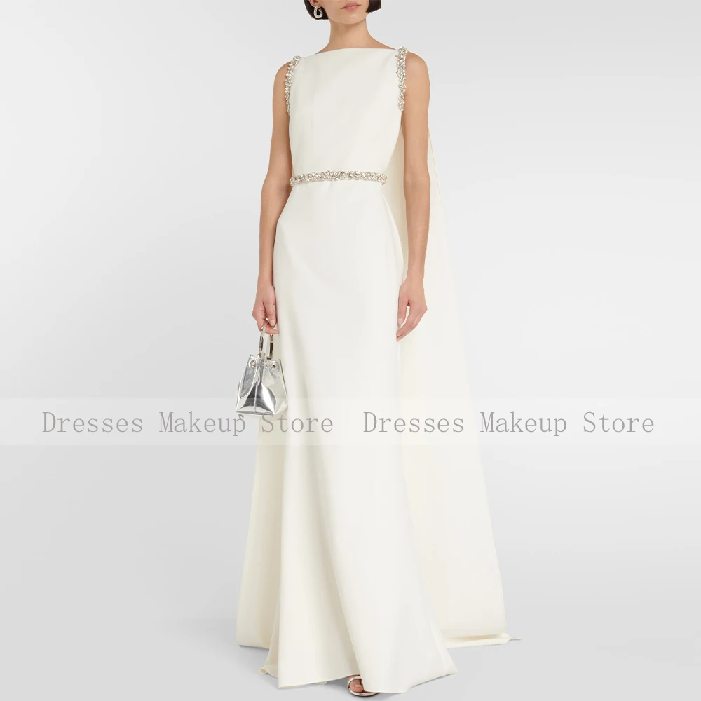 Customized New Ivory Prom Dresses Sleeveless Boat Neck Sweep Train Formal Party Gowns Crystal Mermaid Evening Gowns for Women