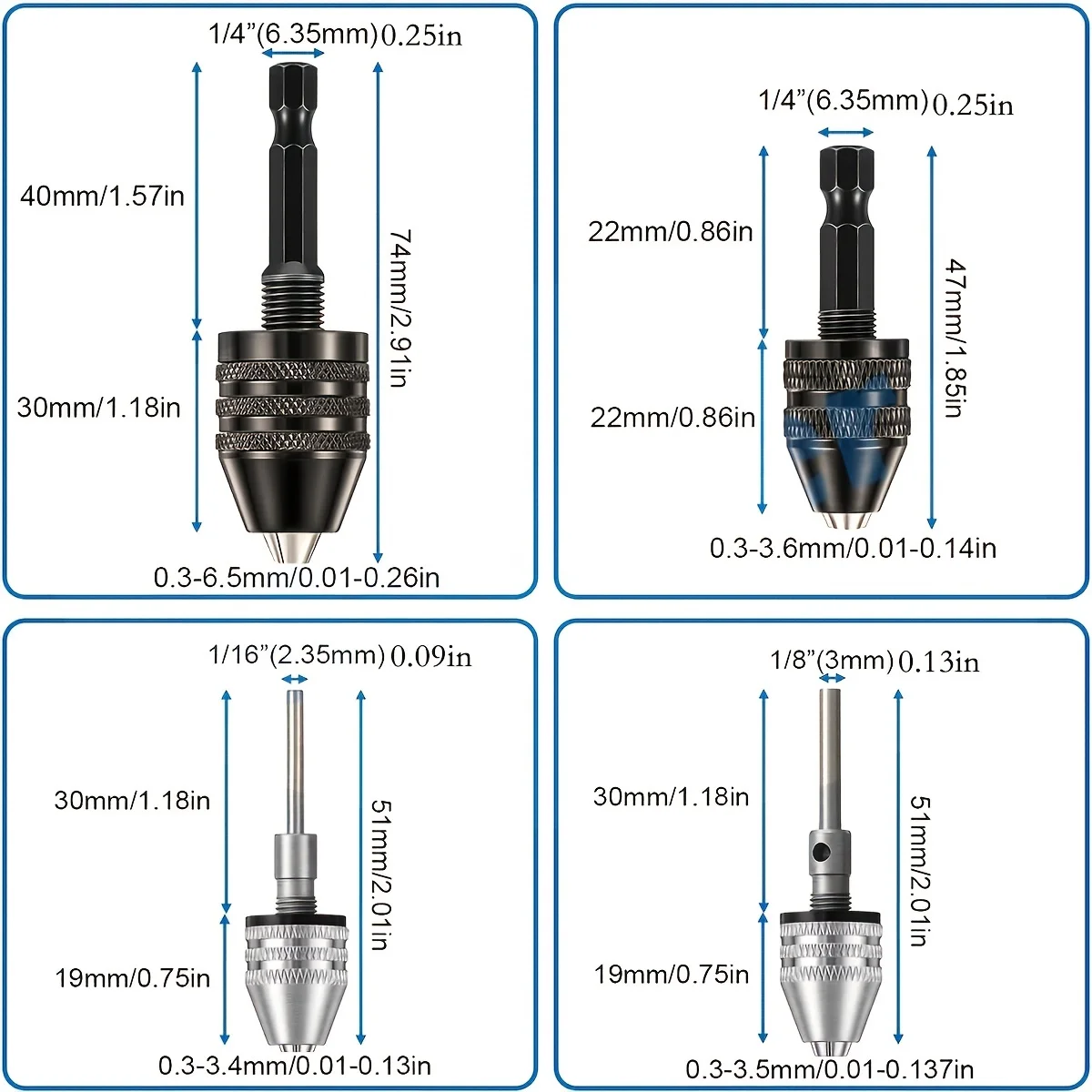 Keyless Drill Chuck, 1/4, 1/8, 1/16 Inch Hex and Round Shanks Small Drill Chuck Change Adapter