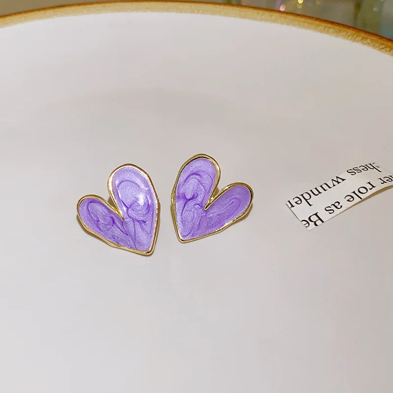 Temperament Heart Earrings for Women White Blue Purple Enamel Oil Love Stud Earrings Statement Party Jewelry pendientes mujer