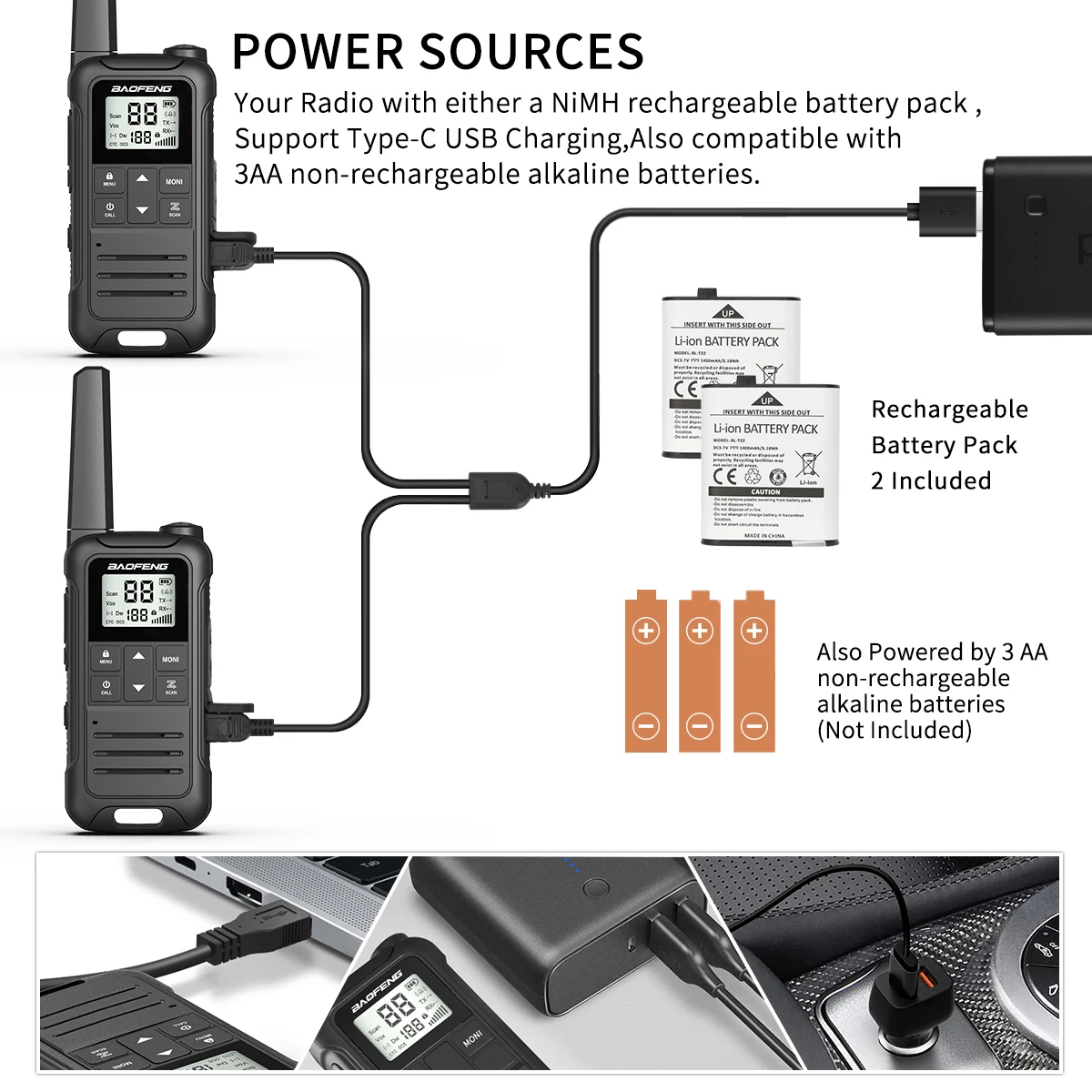 2pcs Baofeng F22/T22 Mini Walkie Talkie PMR Long Range Rechargable Portable Two Way Radio Type-C Charger for Camping Trip