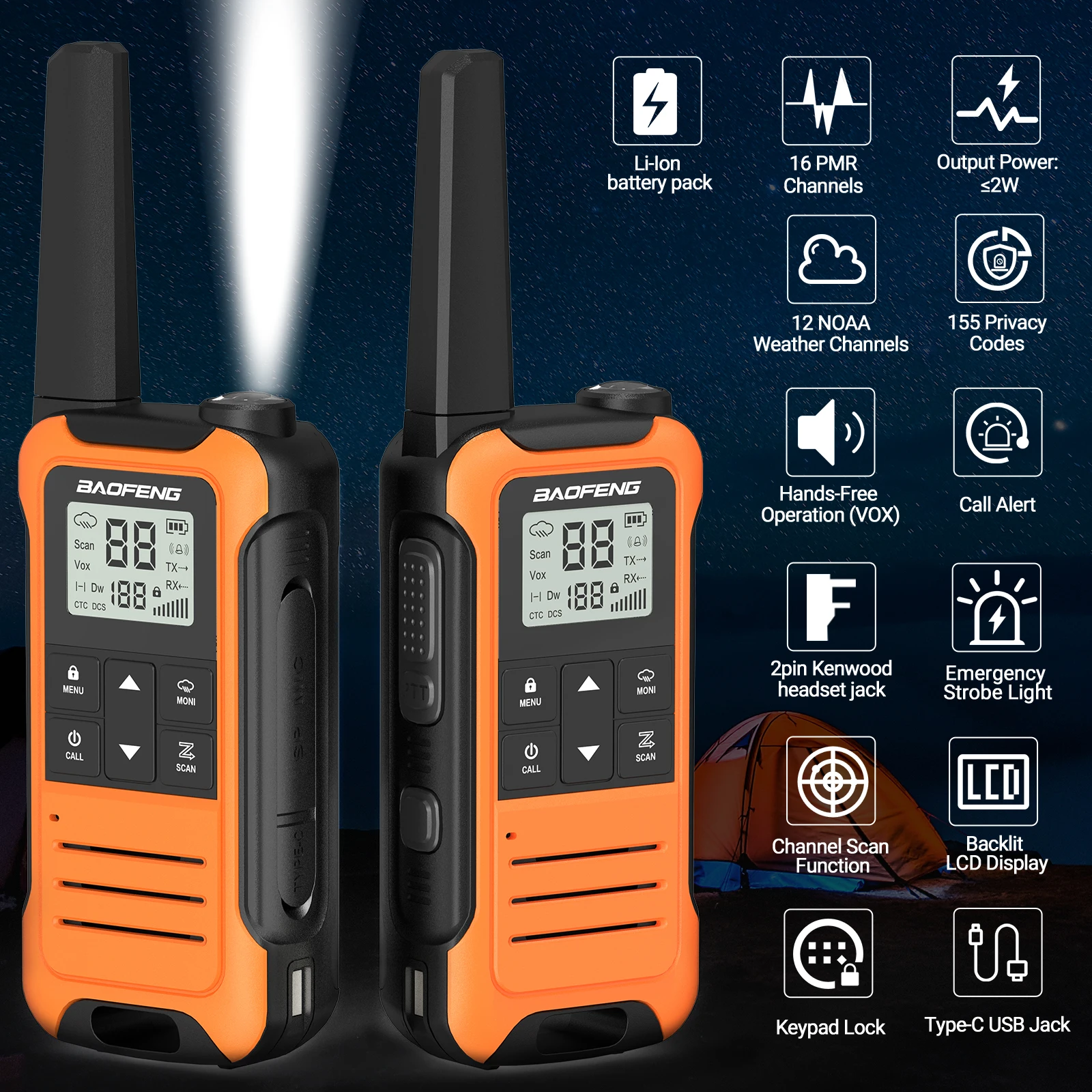 2pcs Baofeng F22/T22 Mini Walkie Talkie PMR Long Range Rechargable Portable Two Way Radio Type-C Charger for Camping Trip