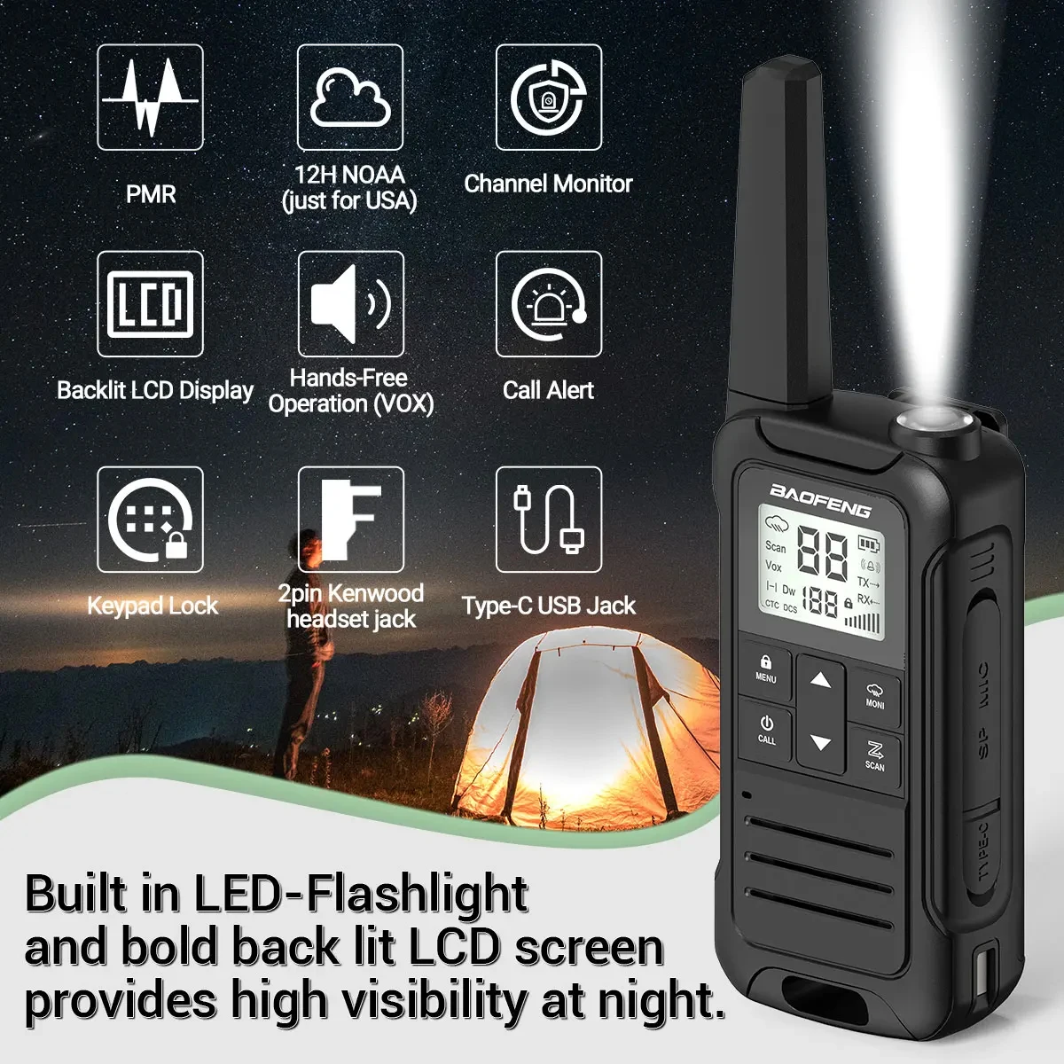 2pcs Baofeng F22/T22 Mini Walkie Talkie PMR Long Range Rechargable Portable Two Way Radio Type-C Charger for Camping Trip