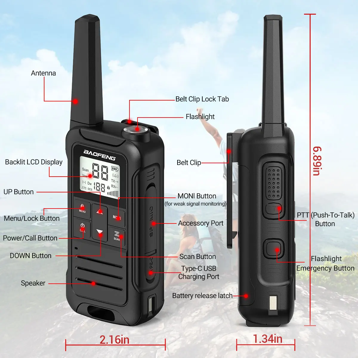 2pcs Baofeng F22/T22 Mini Walkie Talkie PMR Long Range Rechargable Portable Two Way Radio Type-C Charger for Camping Trip