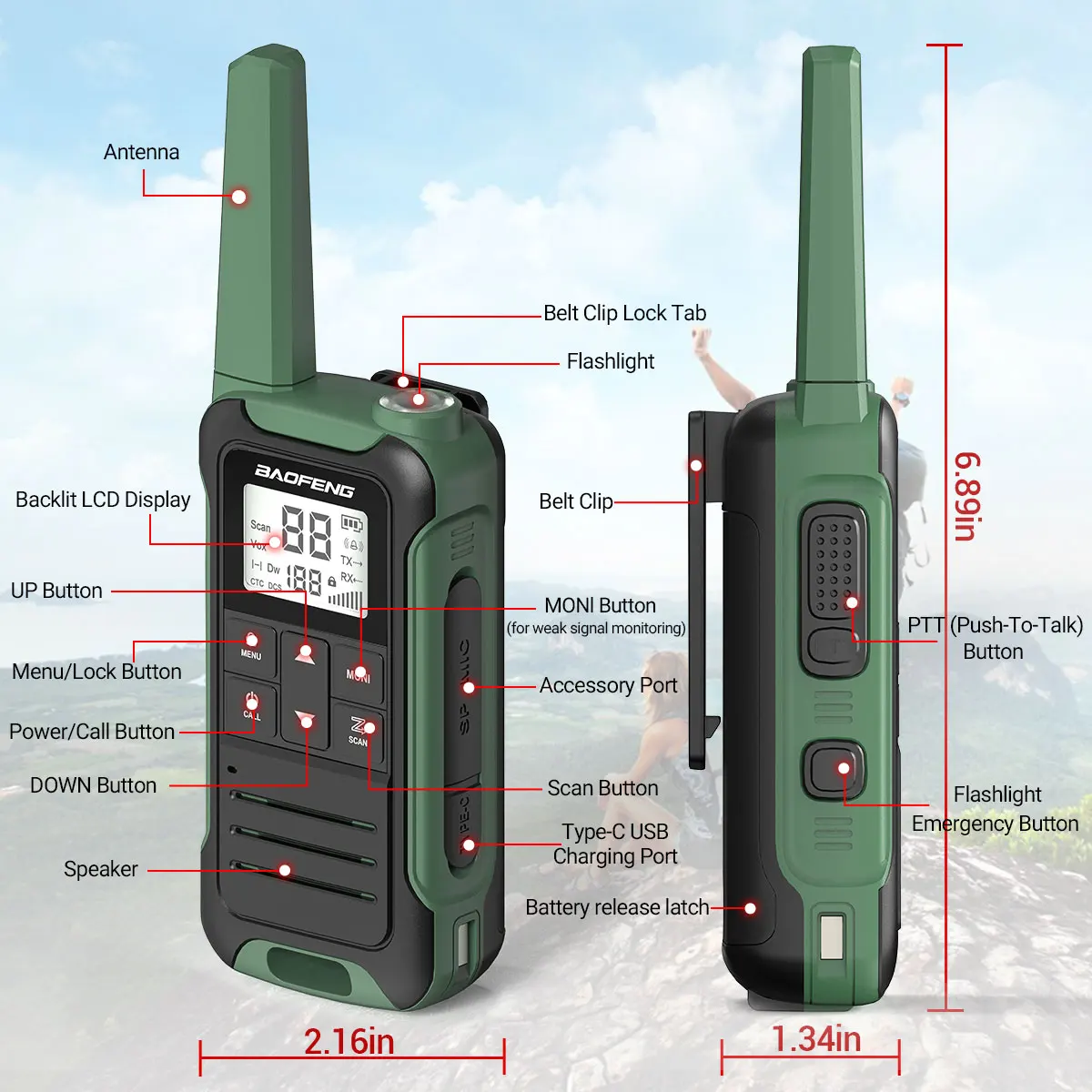 2pcs Baofeng F22/T22 Mini Walkie Talkie PMR Long Range Rechargable Portable Two Way Radio Type-C Charger for Camping Trip