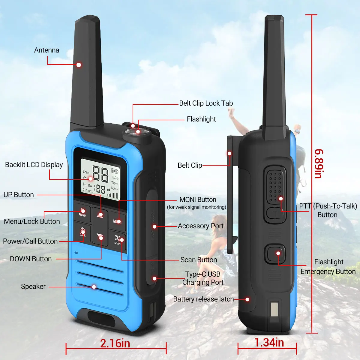2pcs Baofeng F22/T22 Mini Walkie Talkie PMR Long Range Rechargable Portable Two Way Radio Type-C Charger for Camping Trip