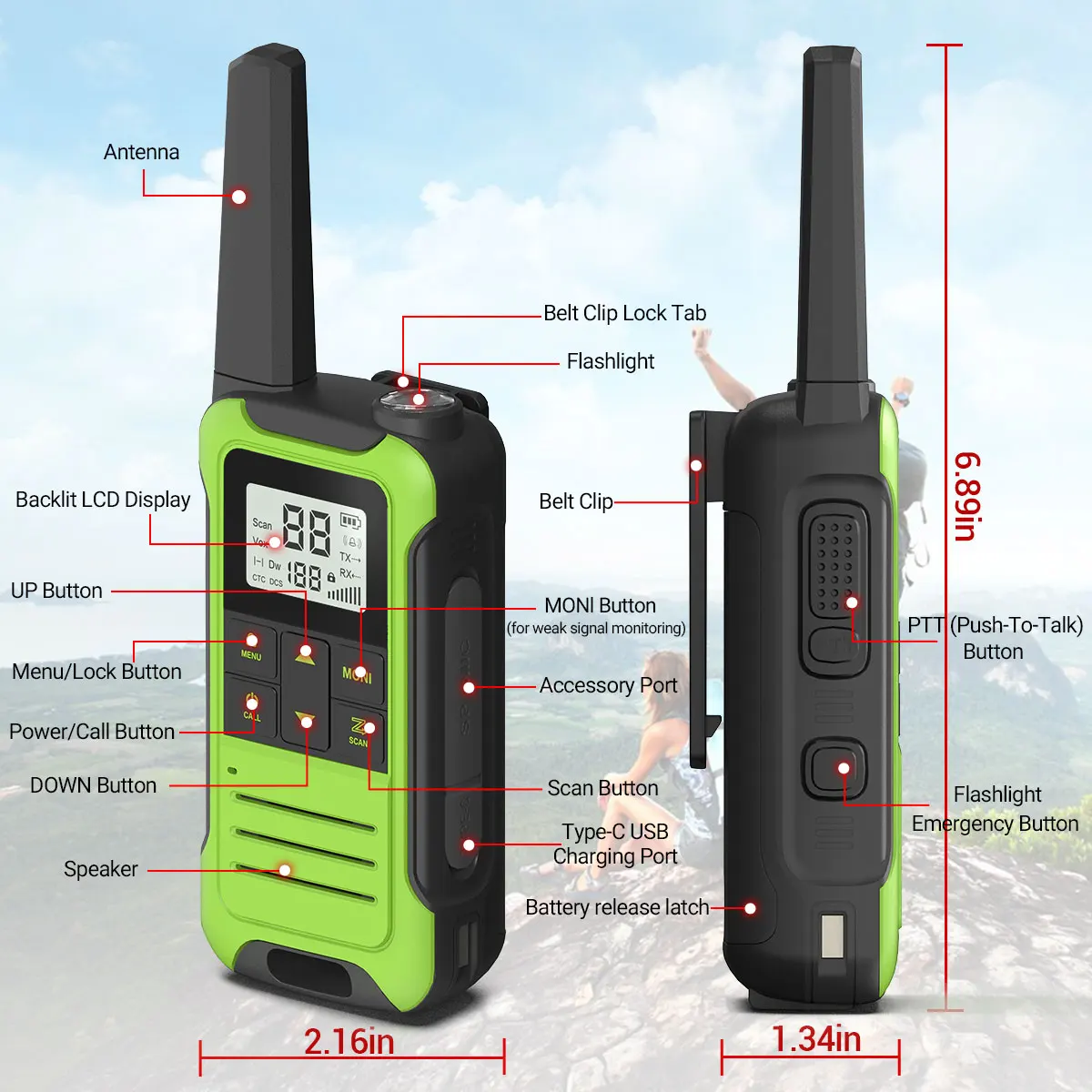 2pcs Baofeng F22/T22 Mini Walkie Talkie PMR Long Range Rechargable Portable Two Way Radio Type-C Charger for Camping Trip