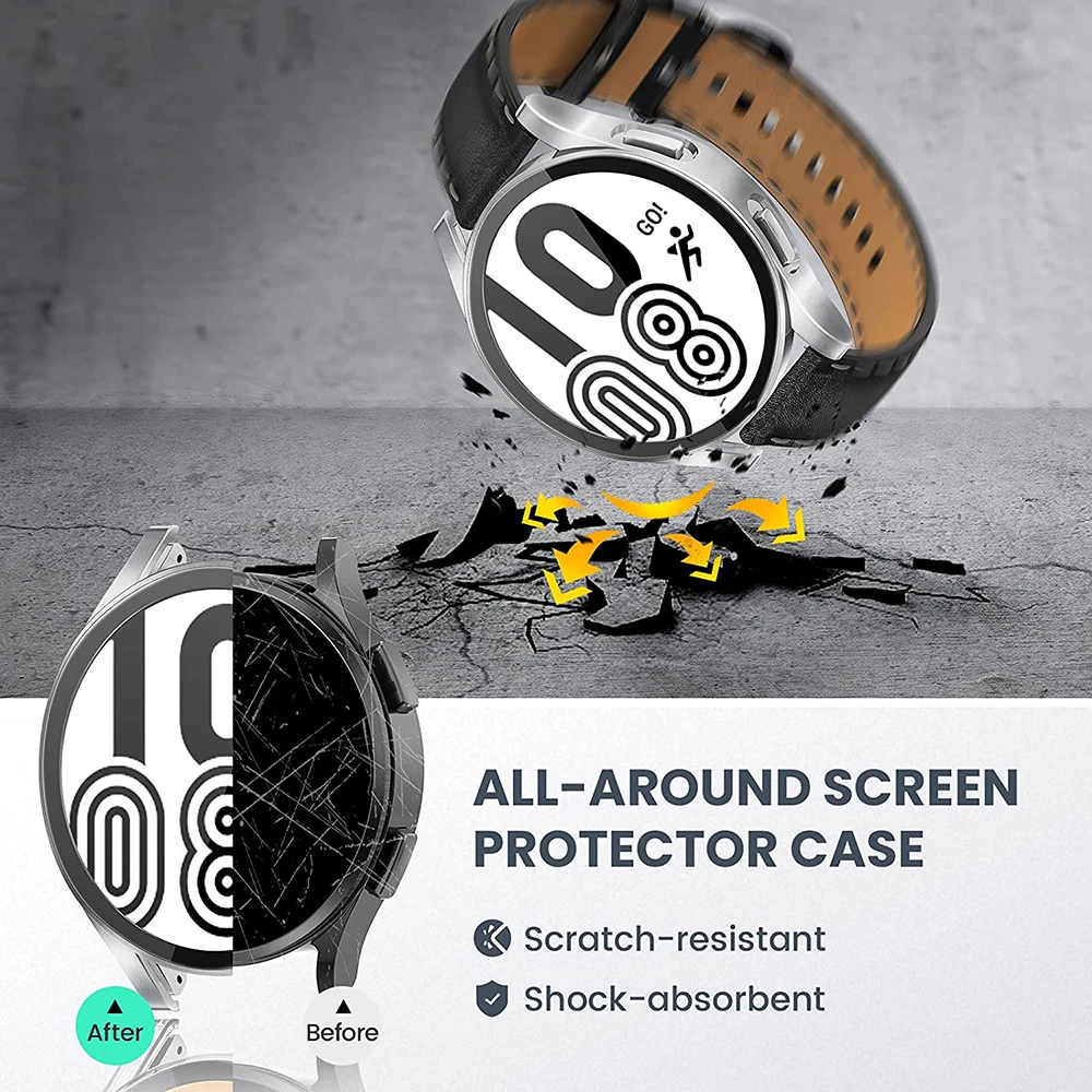 for Samsung Galaxy 4 5 6 7 44mm 40mm tempered glass+PC fully covered protective watch case, shock and scratch resistant
