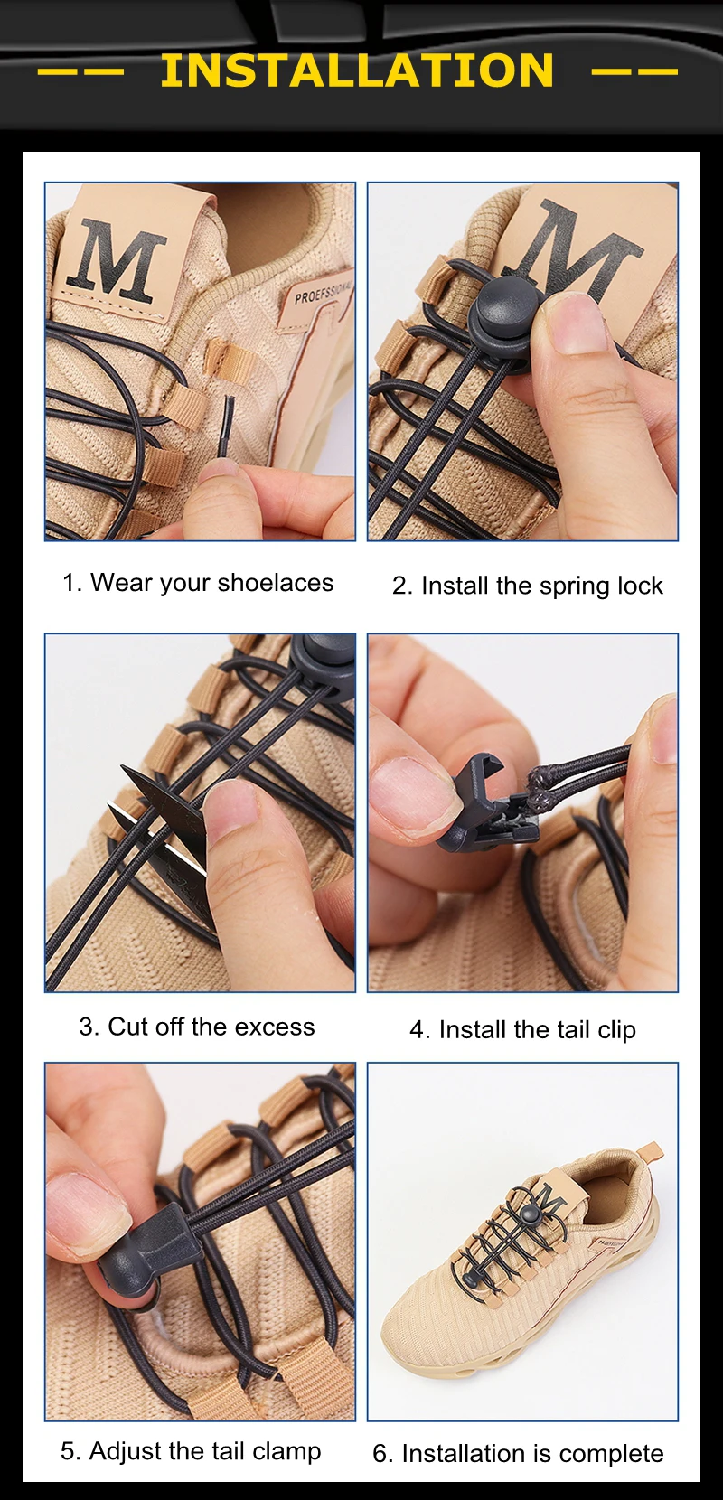 No tie shoelaces Round Elastic Shoelace Plastic snap lock Suitable for all shoes Adult children walking sports Lazy laces 1 pair