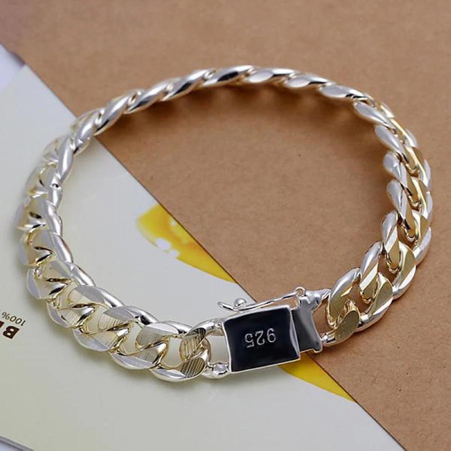 New High-end Women's Mens Fine Silver Color Bracelet Fashion Jewelry Gift Men's 10MM Square Beautiful Gem
