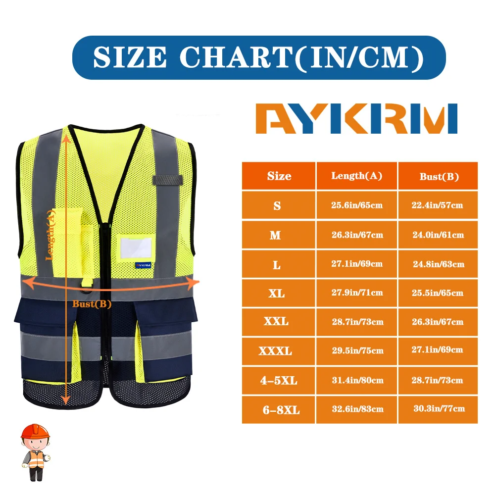AYKRM High Visibility Reflective Vest Safety Zip Pocket Hi Viz Security Waistcoats Multi Customized Logo Construction