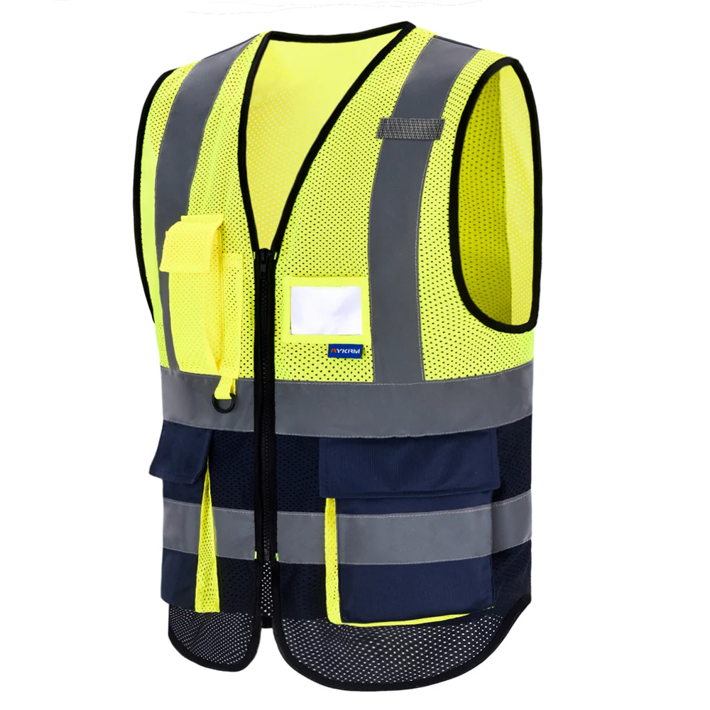 AYKRM High Visibility Reflective Vest Safety Zip Pocket Hi Viz Security Waistcoats Multi Customized Logo Construction