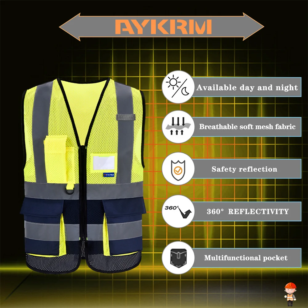 AYKRM High Visibility Reflective Vest Safety Zip Pocket Hi Viz Security Waistcoats Multi Customized Logo Construction