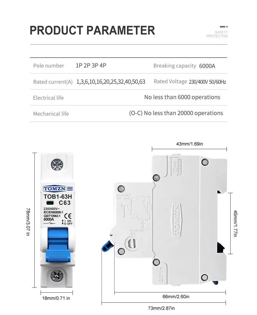 TOMZN AC MCB TOB1-63H C Curve 230/400V~ 50/60Hz Mini Circuit Breaker 1P 2P 3P 4P 3A 6A 10A 16A 20A 25A 32A 40A 50A 63A