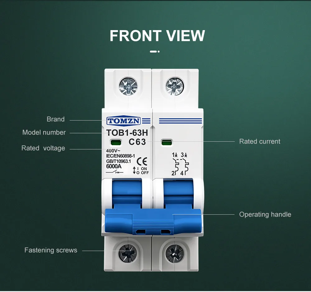 TOMZN AC MCB TOB1-63H C Curve 230/400V~ 50/60Hz Mini Circuit Breaker 1P 2P 3P 4P 3A 6A 10A 16A 20A 25A 32A 40A 50A 63A