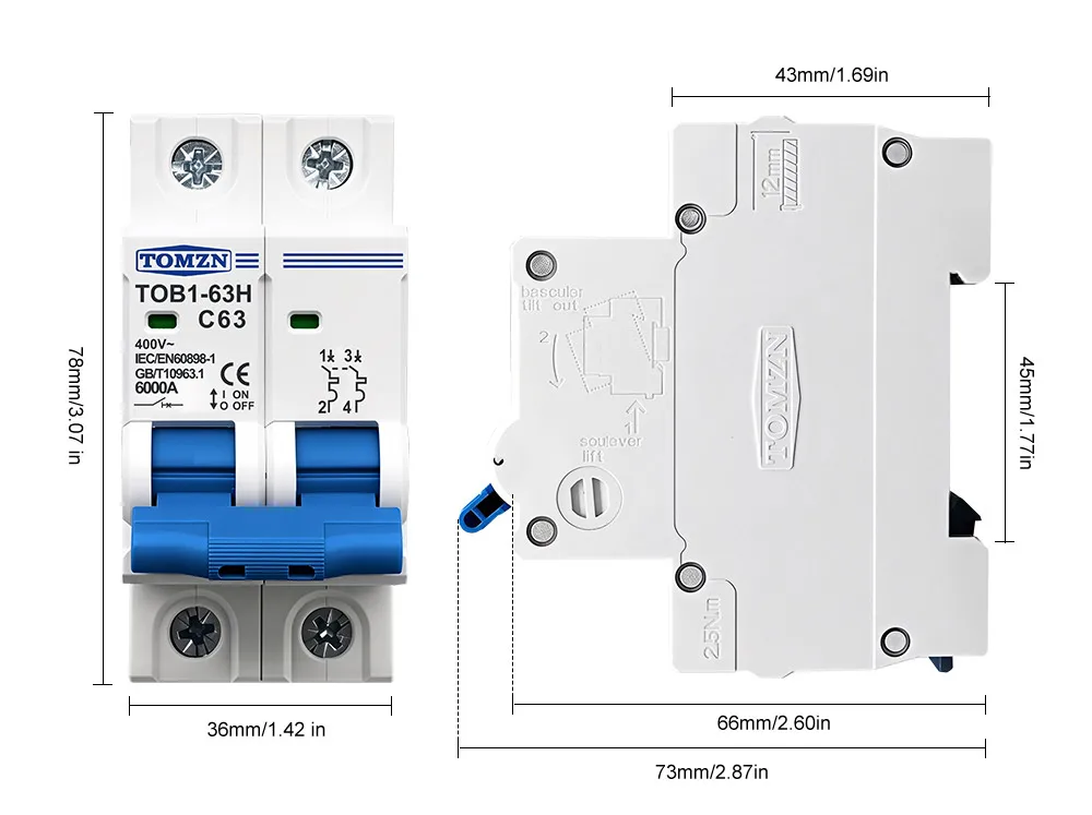 TOMZN AC MCB TOB1-63H C Curve 230/400V~ 50/60Hz Mini Circuit Breaker 1P 2P 3P 4P 3A 6A 10A 16A 20A 25A 32A 40A 50A 63A