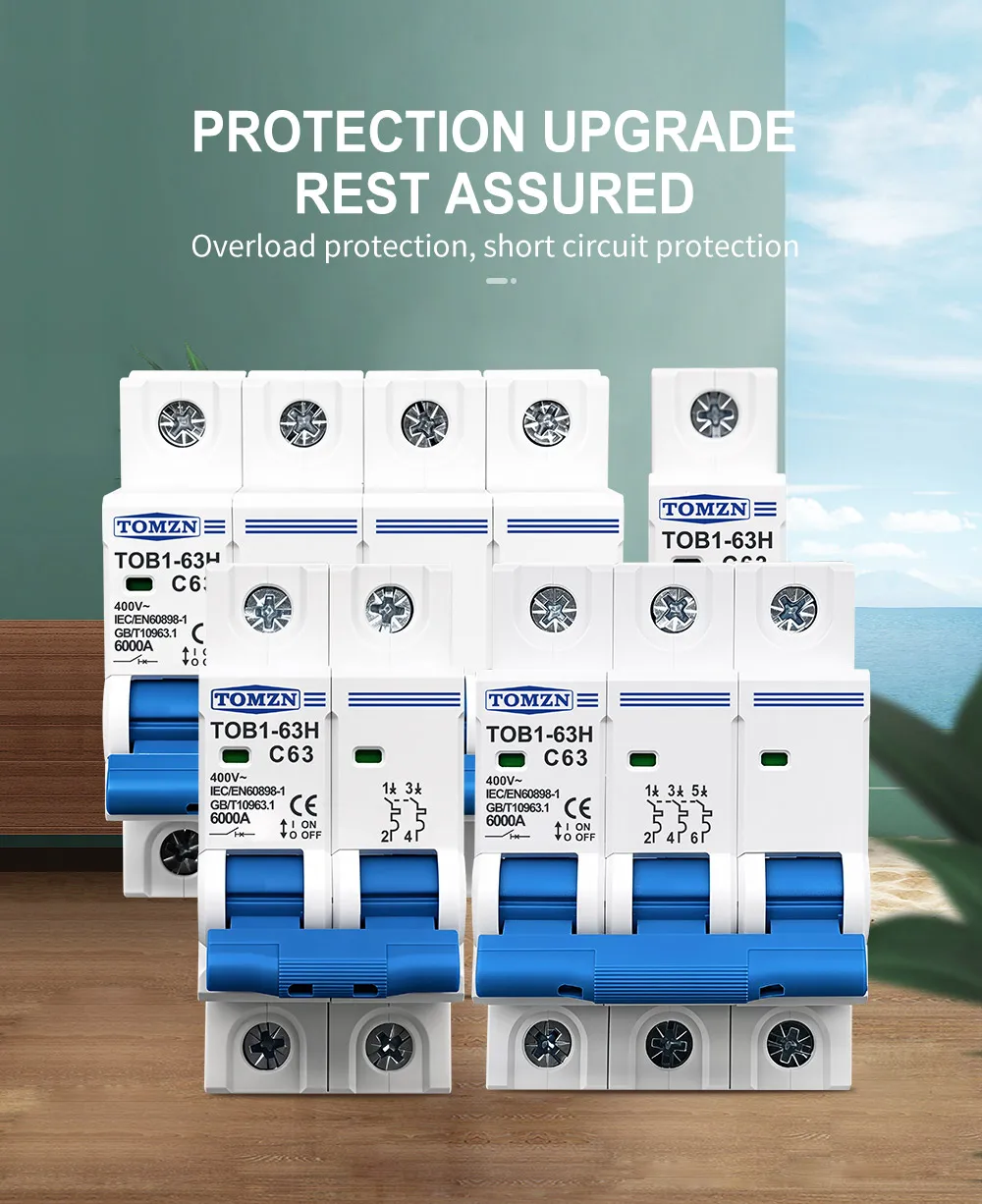 TOMZN AC MCB TOB1-63H C Curve 230/400V~ 50/60Hz Mini Circuit Breaker 1P 2P 3P 4P 3A 6A 10A 16A 20A 25A 32A 40A 50A 63A
