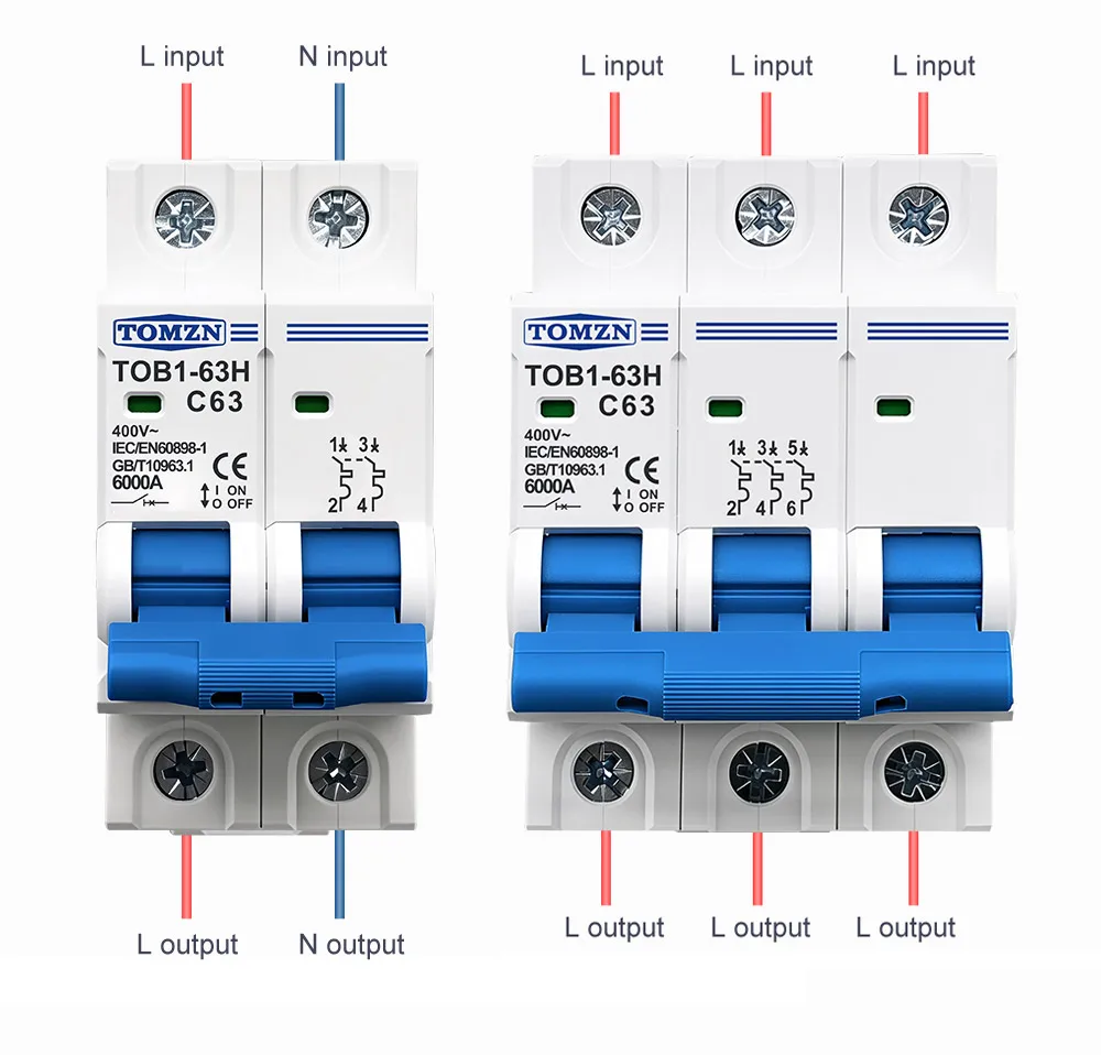 TOMZN AC MCB TOB1-63H C Curve 230/400V~ 50/60Hz Mini Circuit Breaker 1P 2P 3P 4P 3A 6A 10A 16A 20A 25A 32A 40A 50A 63A