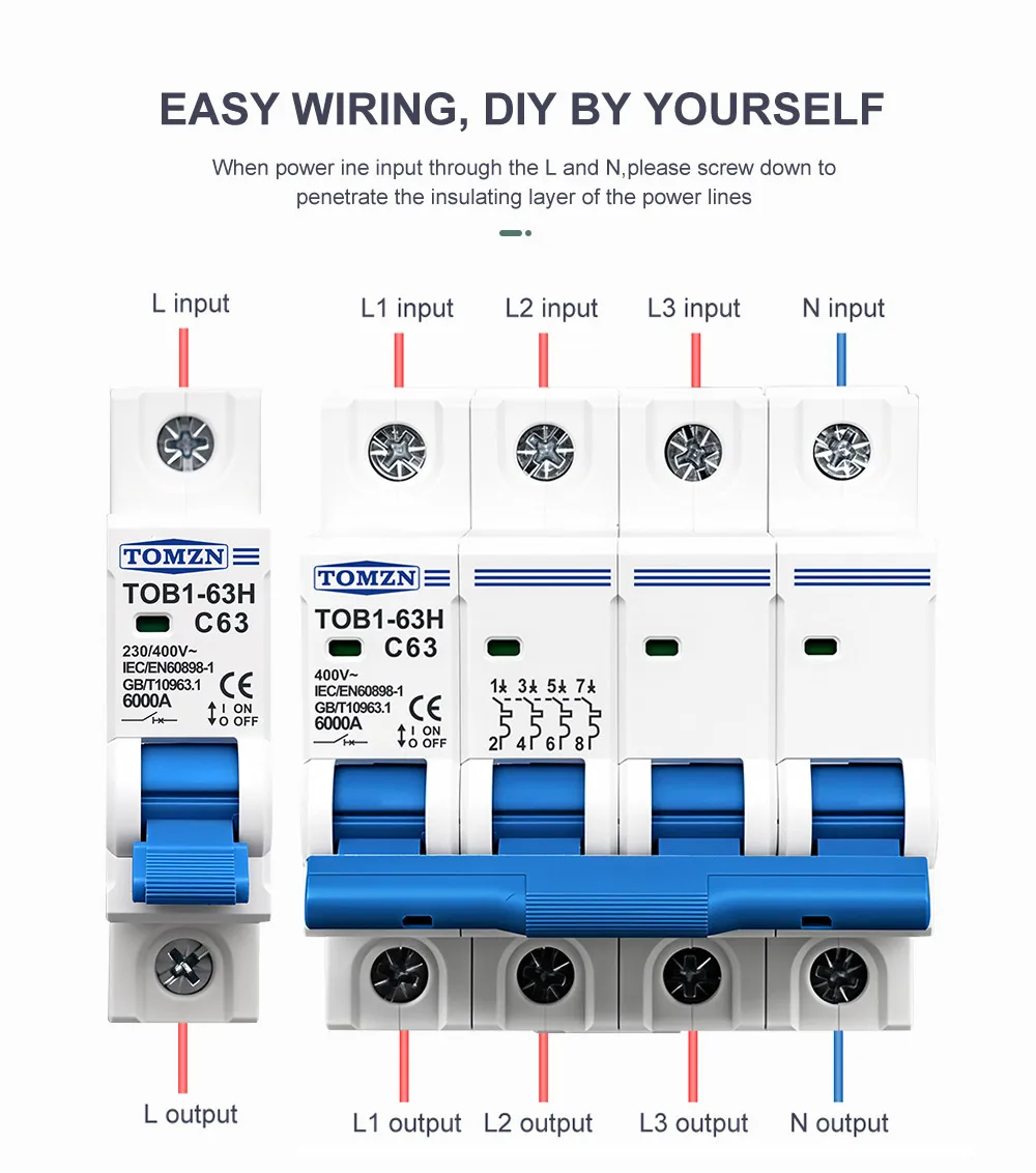 TOMZN AC MCB TOB1-63H C Curve 230/400V~ 50/60Hz Mini Circuit Breaker 1P 2P 3P 4P 3A 6A 10A 16A 20A 25A 32A 40A 50A 63A