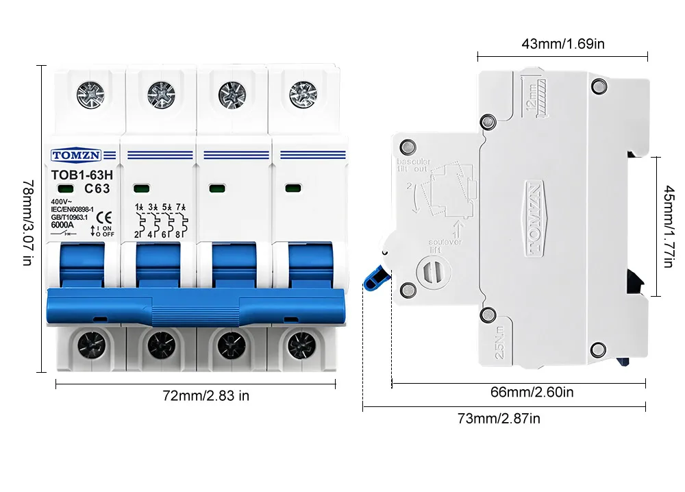 TOMZN AC MCB TOB1-63H C Curve 230/400V~ 50/60Hz Mini Circuit Breaker 1P 2P 3P 4P 3A 6A 10A 16A 20A 25A 32A 40A 50A 63A