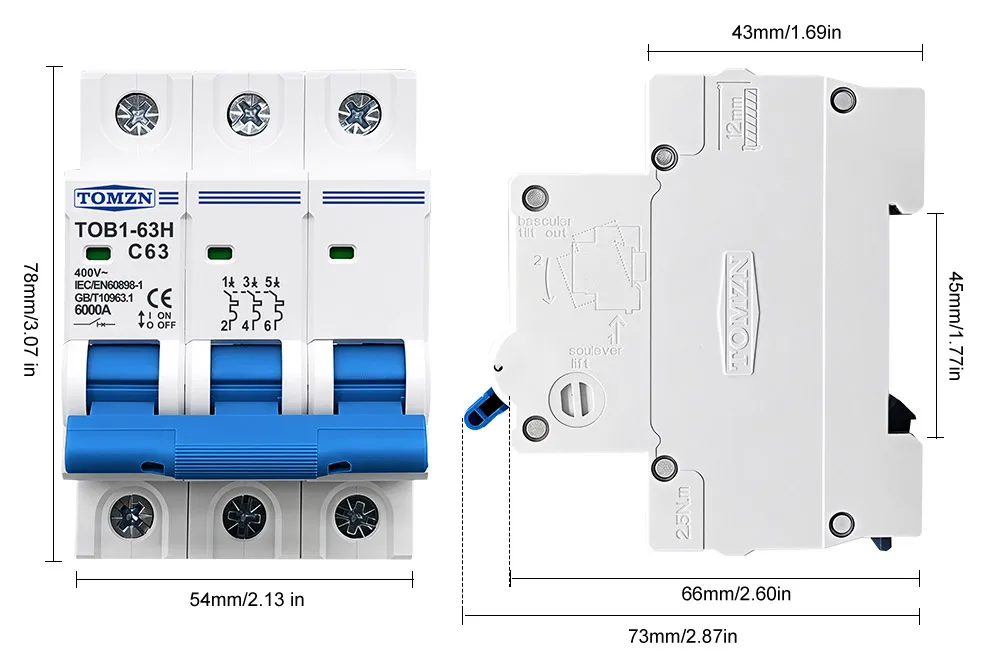 TOMZN AC MCB TOB1-63H C Curve 230/400V~ 50/60Hz Mini Circuit Breaker 1P 2P 3P 4P 3A 6A 10A 16A 20A 25A 32A 40A 50A 63A