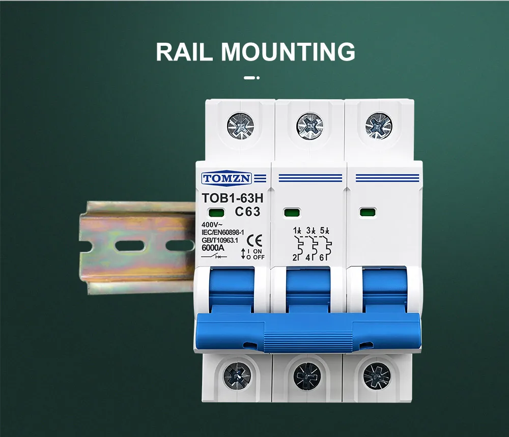 TOMZN AC MCB TOB1-63H C Curve 230/400V~ 50/60Hz Mini Circuit Breaker 1P 2P 3P 4P 3A 6A 10A 16A 20A 25A 32A 40A 50A 63A
