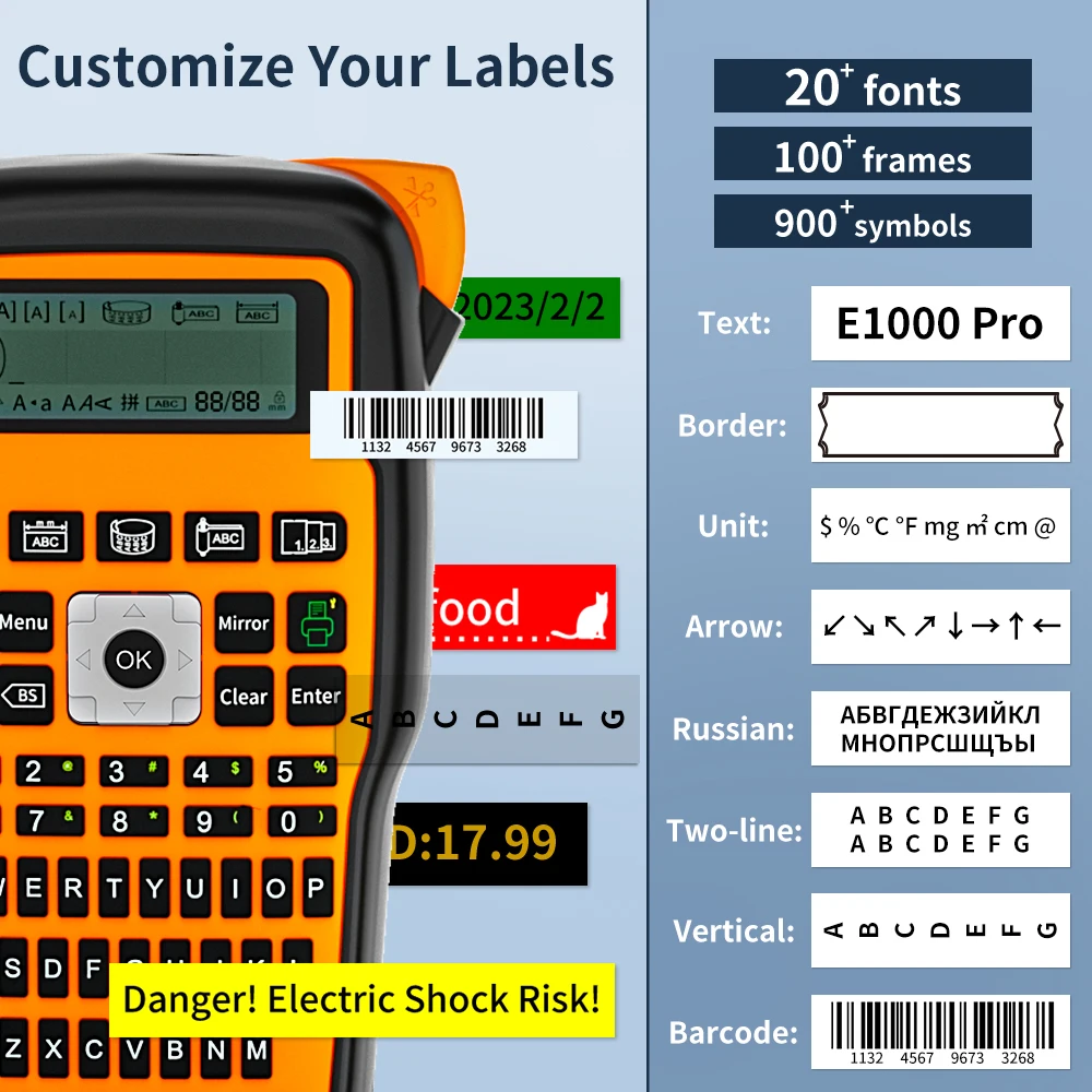 Support Russisan Keyboard E1000 Pro Portable Printer Sticky Label Maker Compatible for Brother P-touch AHS TZE-231
