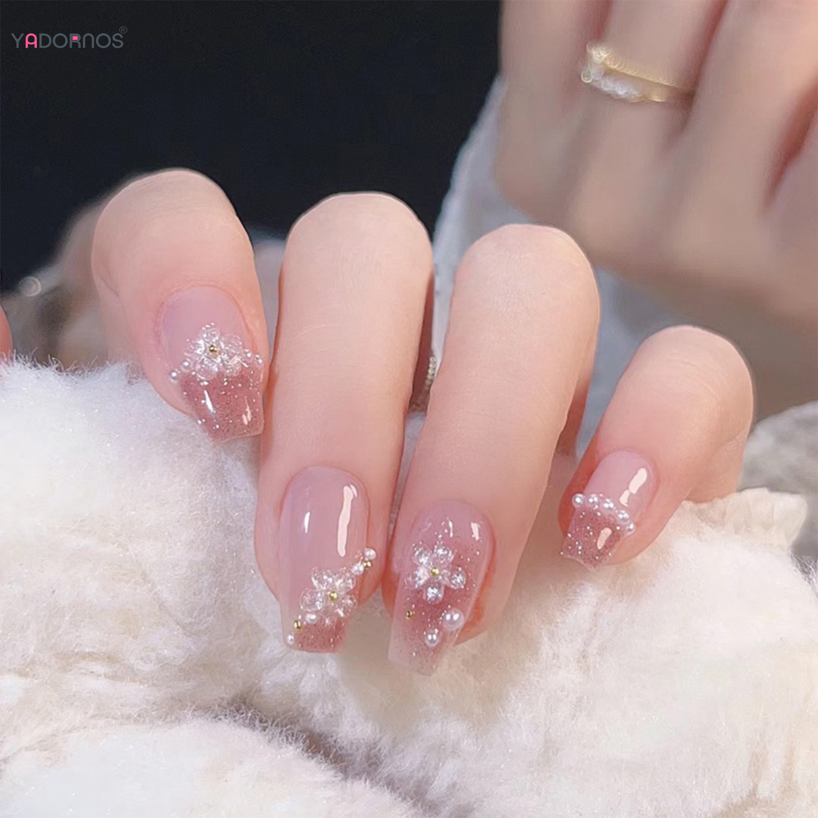 24Pcs Mid-Length Fake Nails 3D Flower Pearl Designs Nude Pink Color Press on Nails Ballerina False Nails for Women DIY Manicure