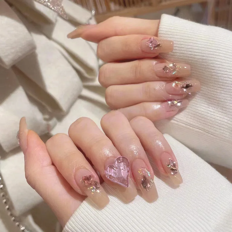 24Pcs Mid-Length Fake Nails 3D Flower Pearl Designs Nude Pink Color Press on Nails Ballerina False Nails for Women DIY Manicure