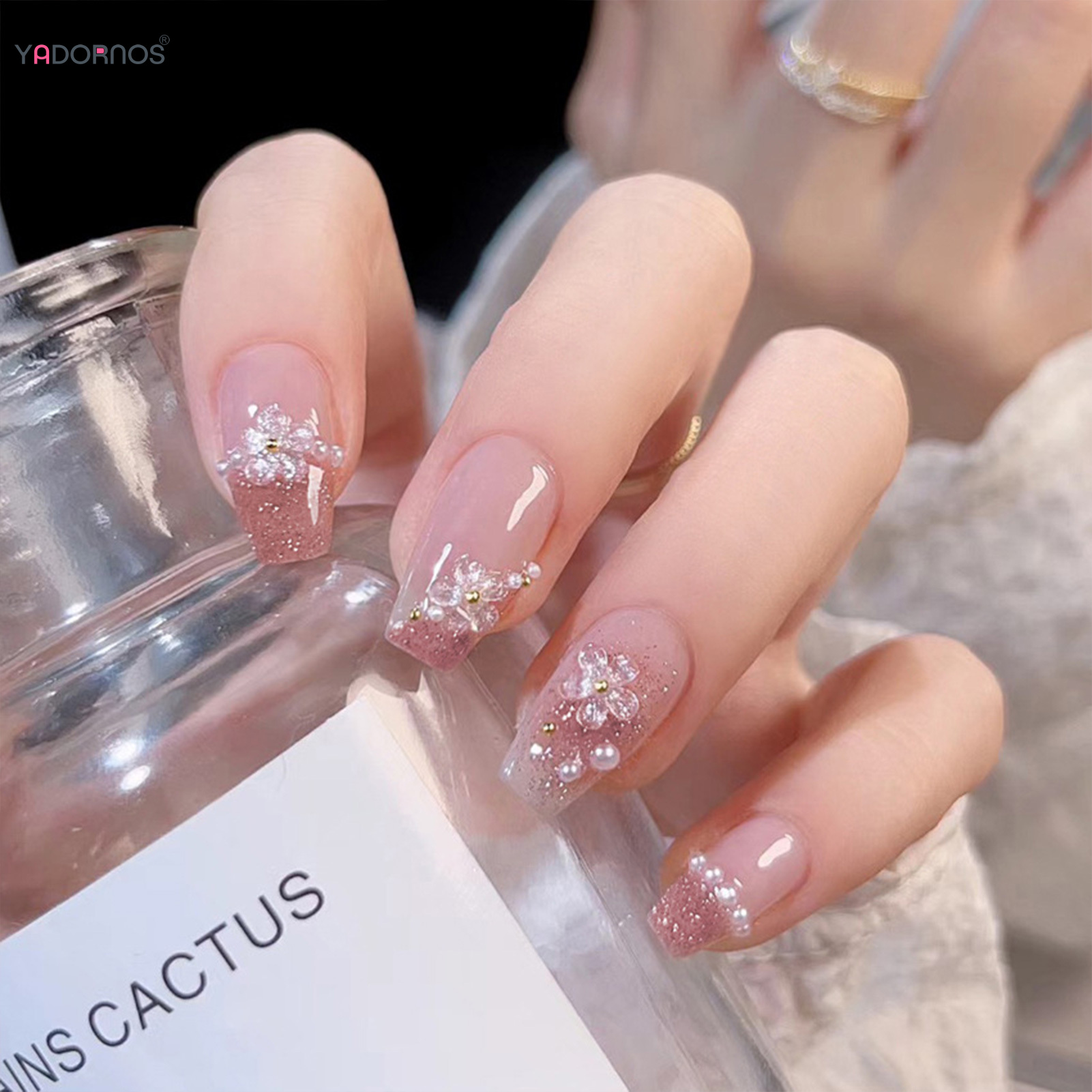 24Pcs Mid-Length Fake Nails 3D Flower Pearl Designs Nude Pink Color Press on Nails Ballerina False Nails for Women DIY Manicure