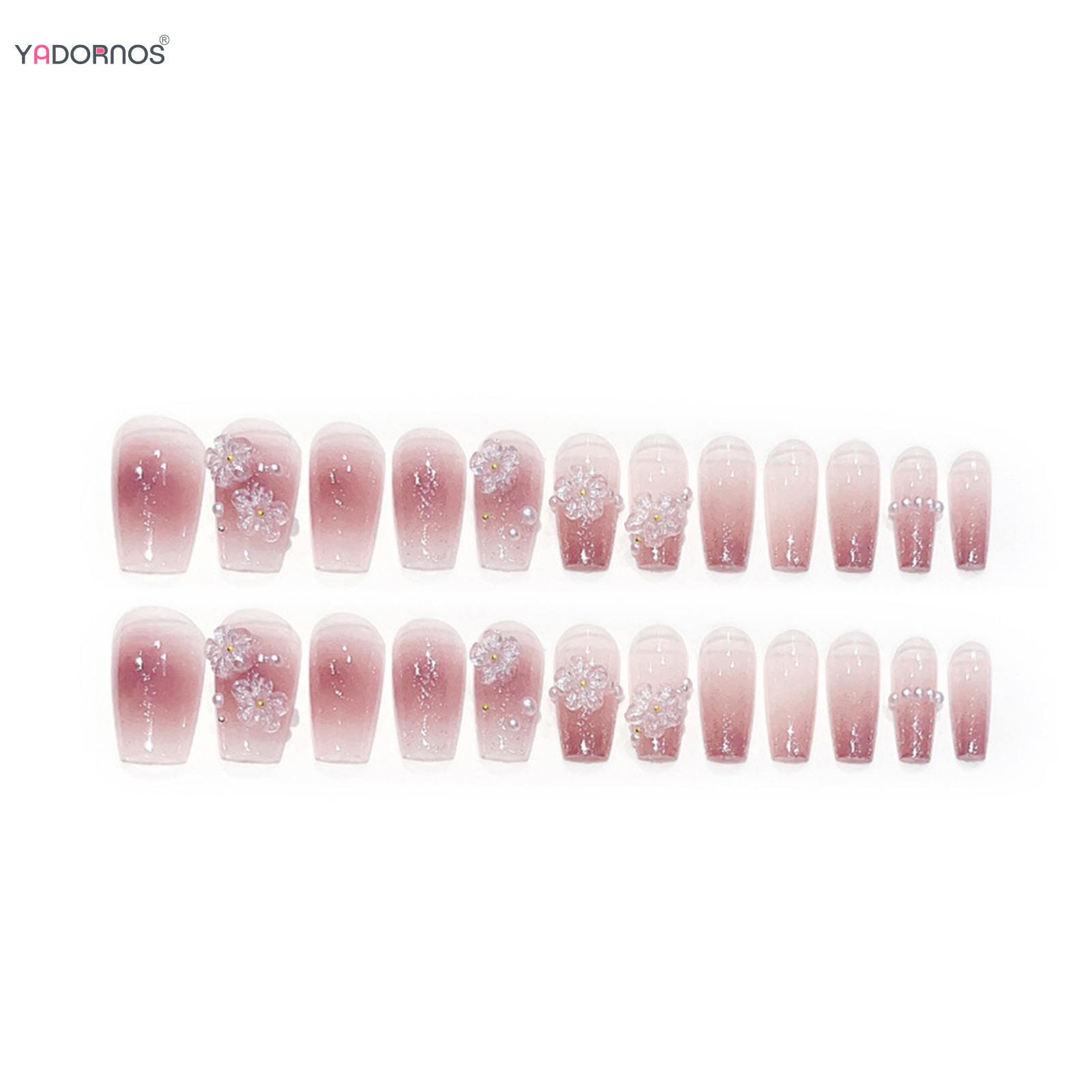 24Pcs Mid-Length Fake Nails 3D Flower Pearl Designs Nude Pink Color Press on Nails Ballerina False Nails for Women DIY Manicure
