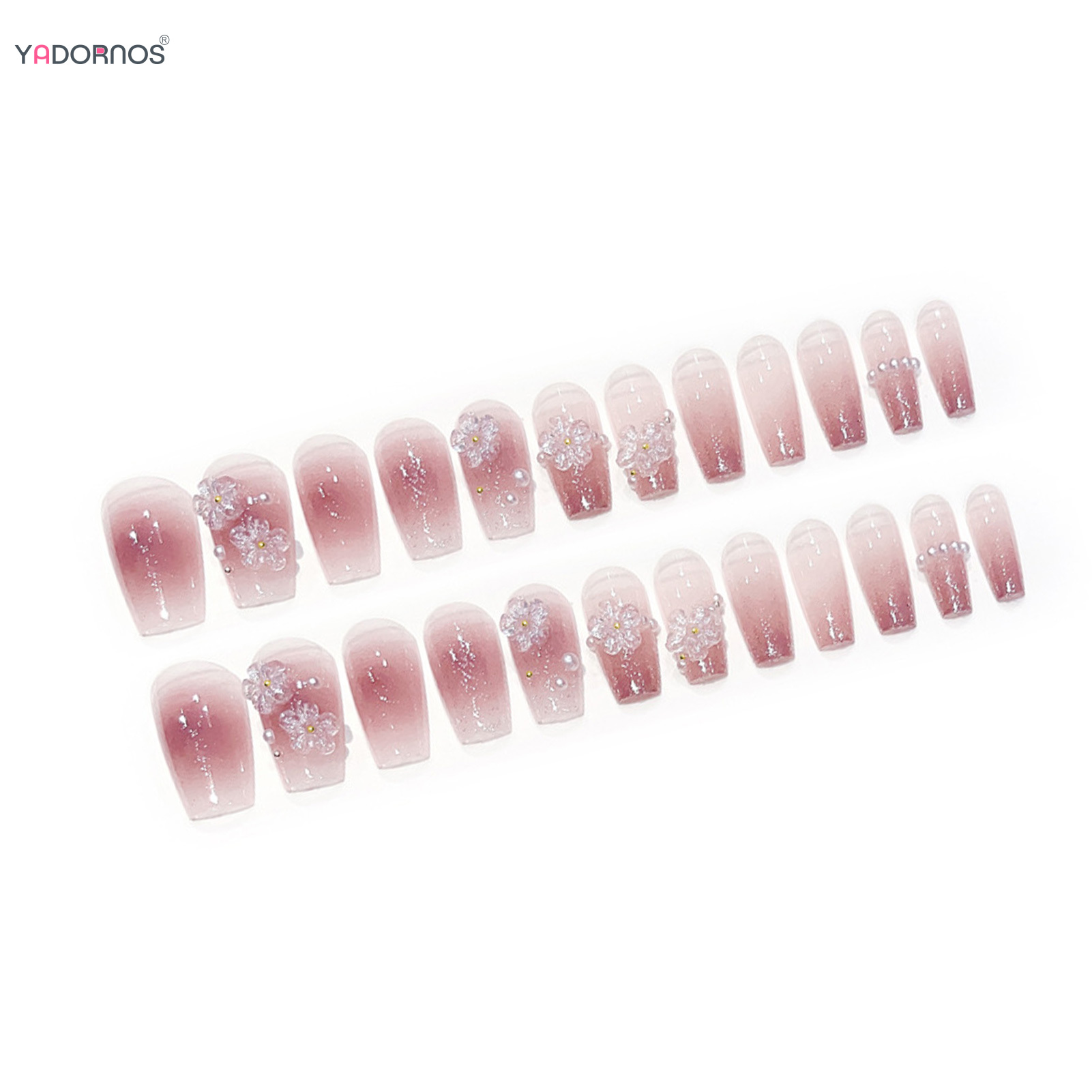 24Pcs Mid-Length Fake Nails 3D Flower Pearl Designs Nude Pink Color Press on Nails Ballerina False Nails for Women DIY Manicure