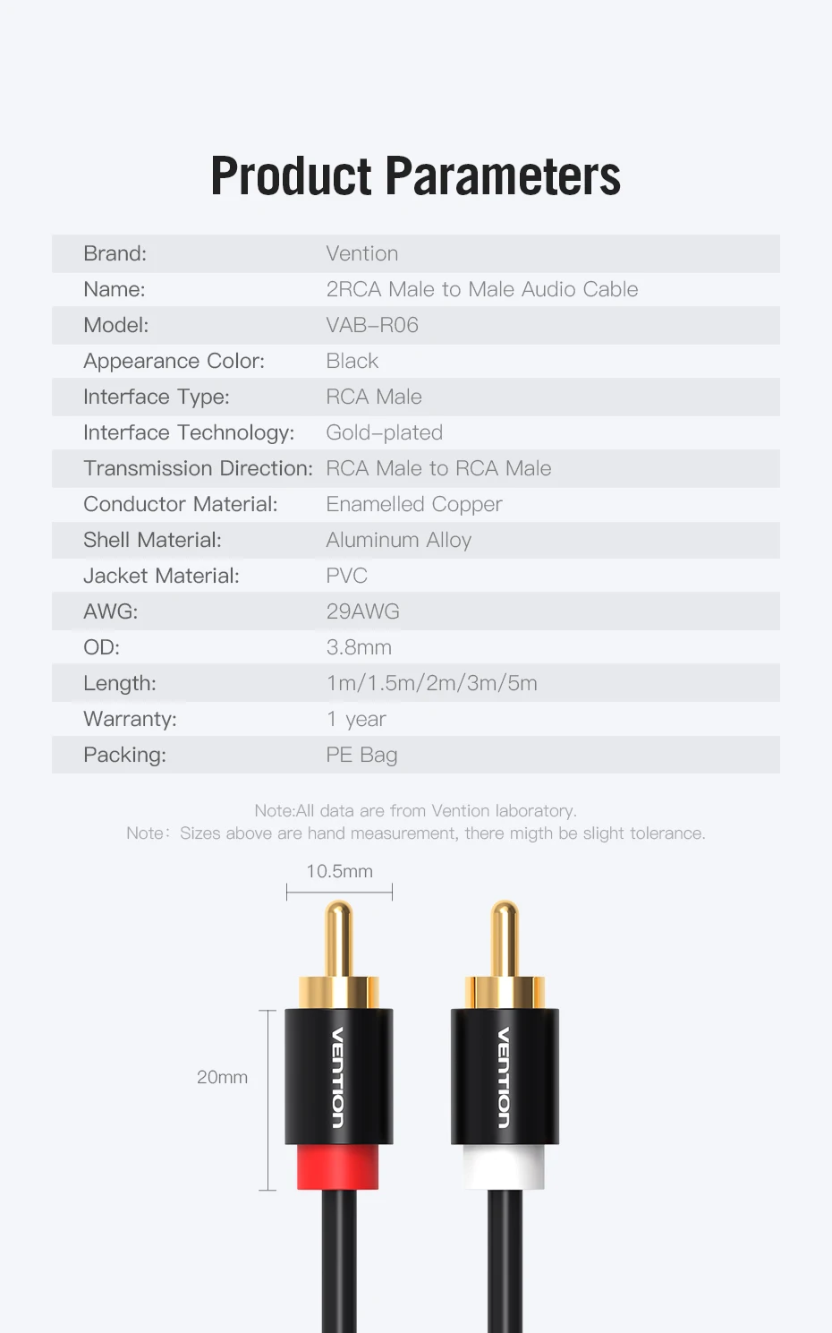 Vention 2 RCA to 2 RCA Cable Male to Male Audio Cable for Home Theater DVD Amplifier TV 1m 2m 3m 5m Cable RCA Gold-Plated Cabo