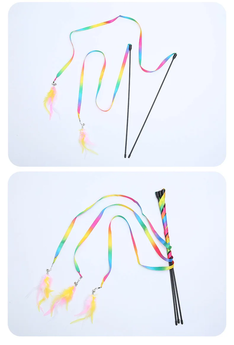 Simulation Feather Interactive Cat Toy Satin Ribbon Bell Cat Stick Toys Kitten Playing Teaser Wand Toy Cat Supplies Accessories
