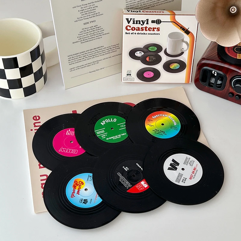 New 6/4/2PCS Retro Vinyl Record Cup Coaster Anti-slip Coffee Coasters Heat Resistant Music Drink Mug Mat Table Placemat Decor