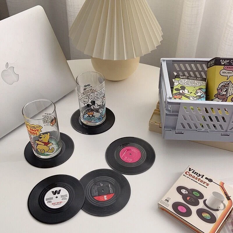 New 6/4/2PCS Retro Vinyl Record Cup Coaster Anti-slip Coffee Coasters Heat Resistant Music Drink Mug Mat Table Placemat Decor