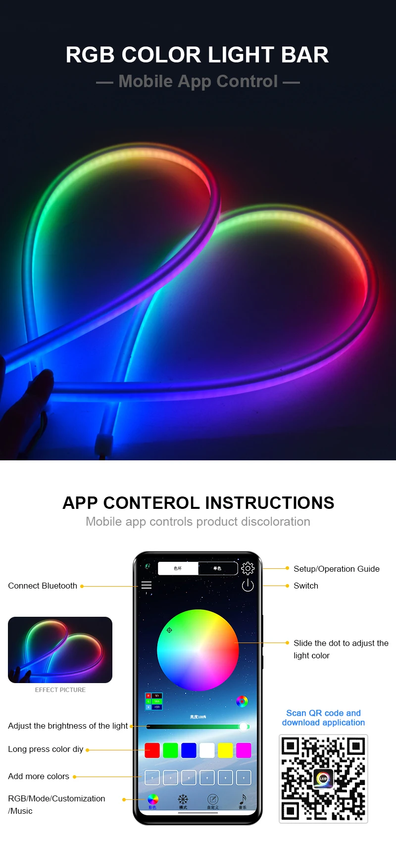 2PCS RGB Car LED Daytime Running Lights APP/Remote Control Flexible Auto Headlight Strips DRL Flowing Turn Signal Lamps 60cm 12V