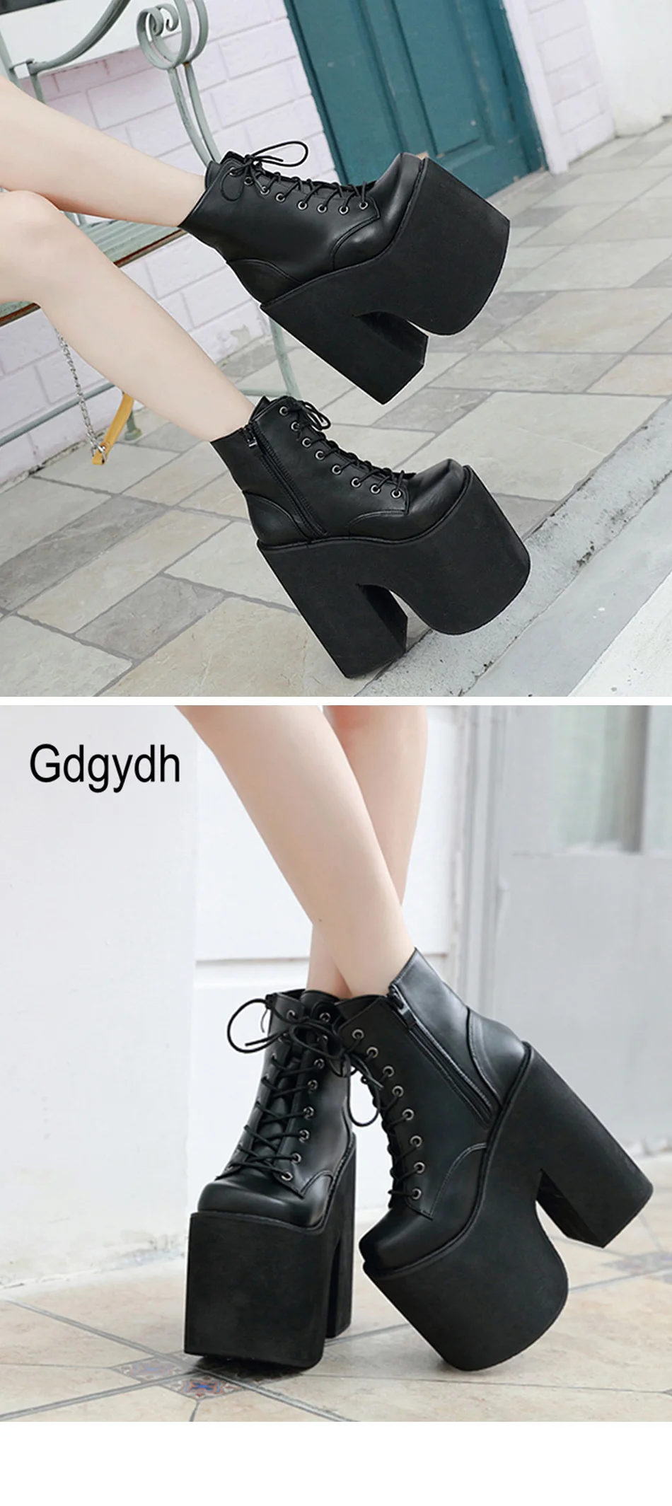 Gdgydh Women's Y2K Style Short Boots Square Closed Toe Lace Up Platform Boots High Chunky Heels Fashion Solid Color Shoes