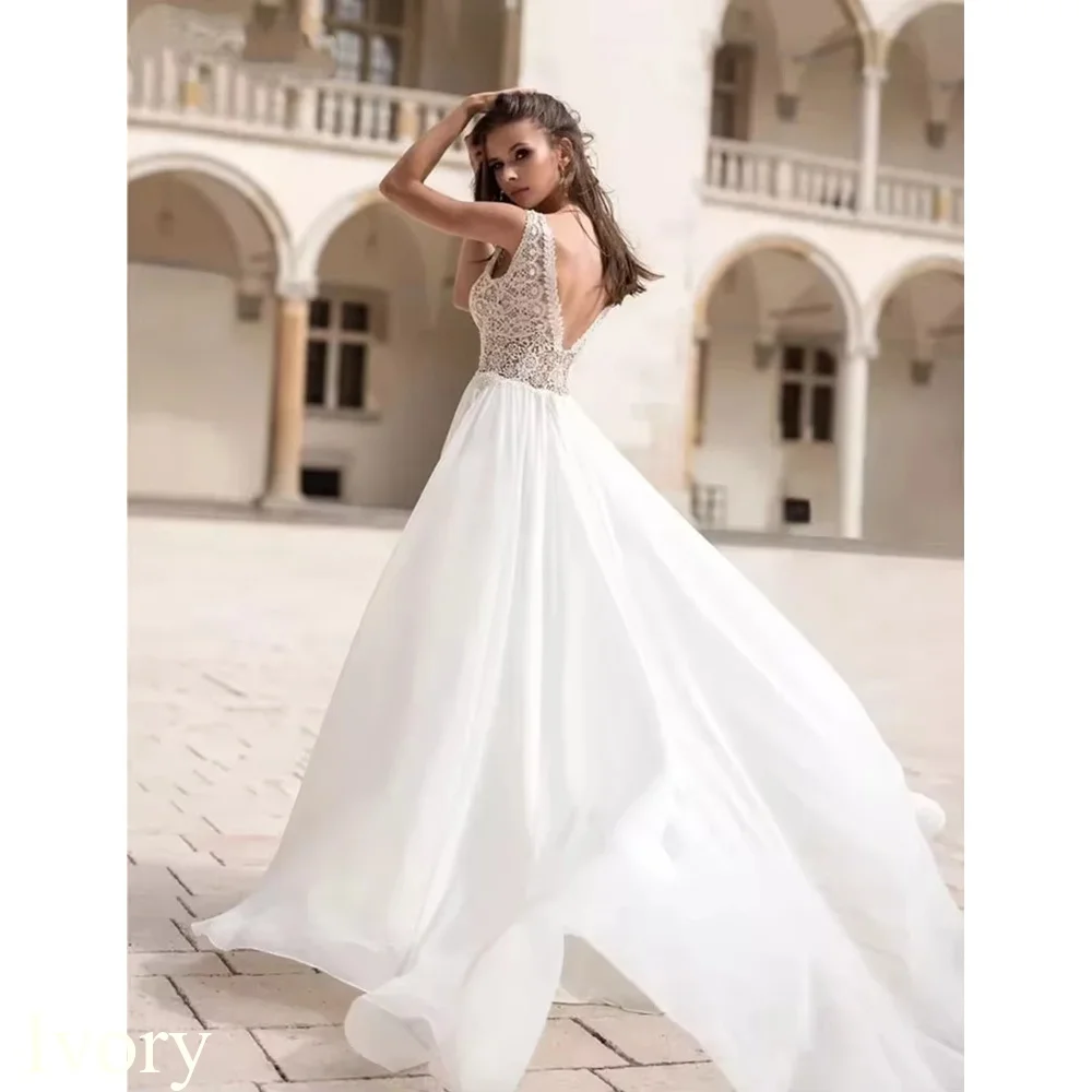 Beach Chiffon Elegant Wedding Dresses Detachable Puff Sleeves V Neck Lace Applique Backless Boho Elegant Bridal Gowns Customized