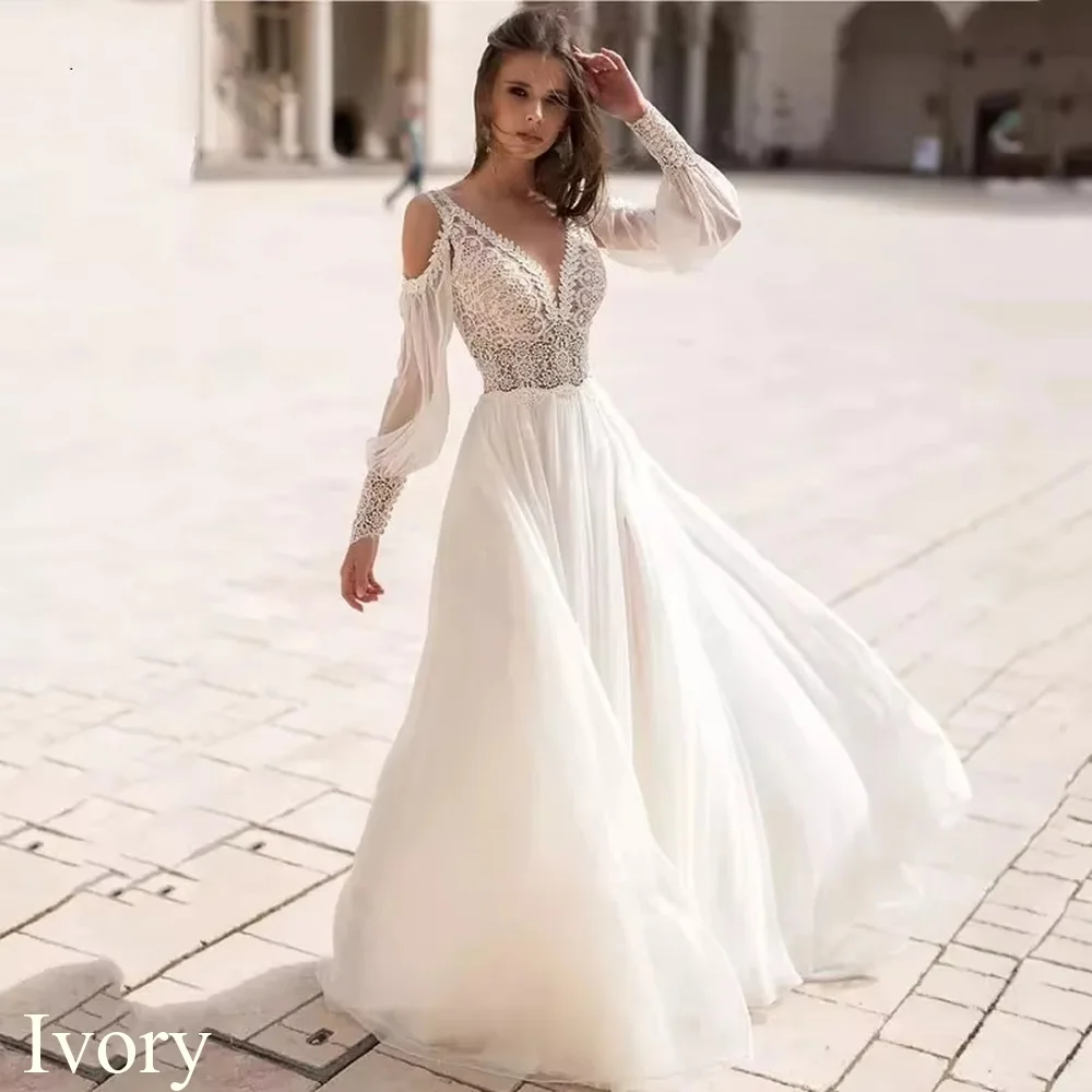 Beach Chiffon Elegant Wedding Dresses Detachable Puff Sleeves V Neck Lace Applique Backless Boho Elegant Bridal Gowns Customized